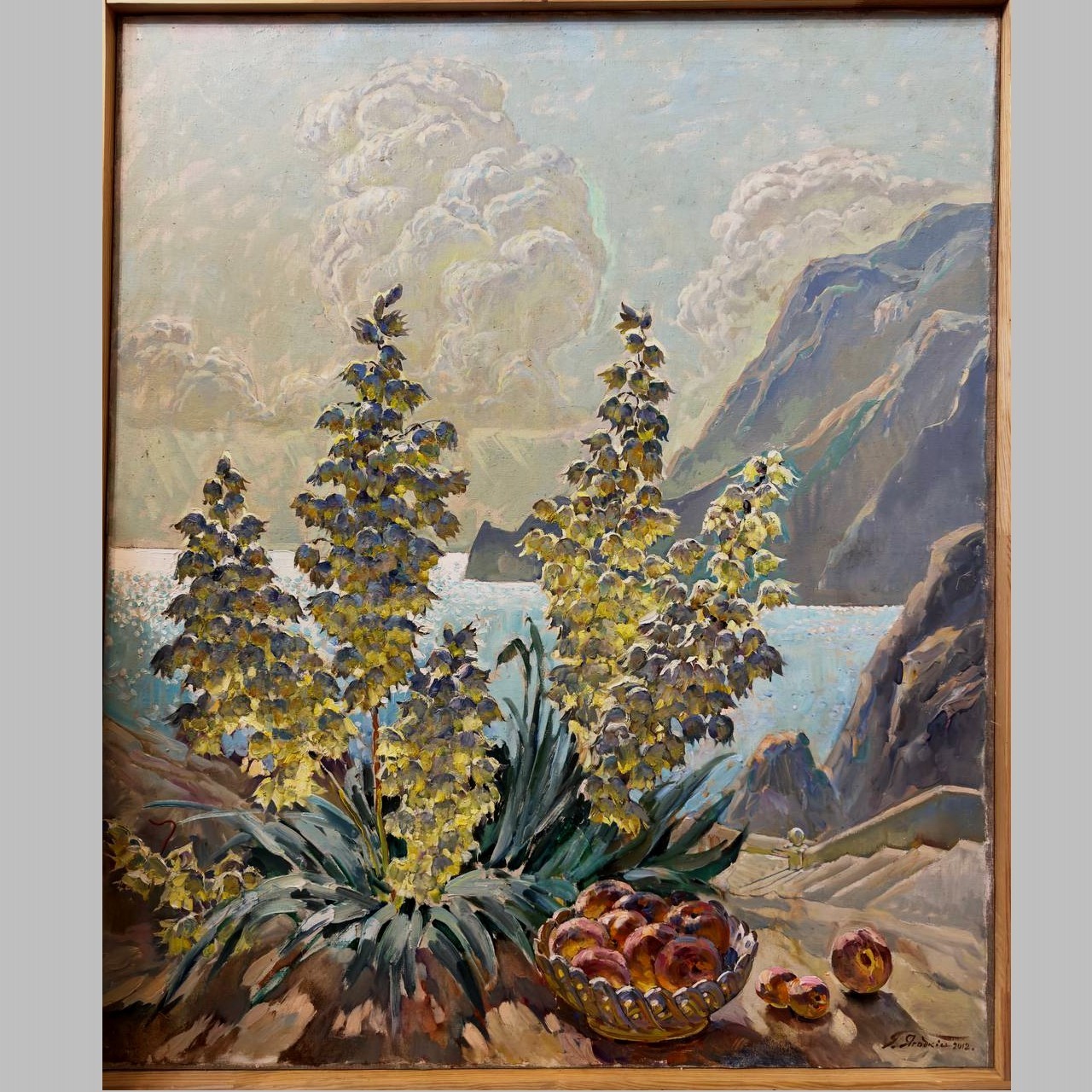 Old OIL Hand PAINTING/Blooming yucca, peaches/Seascape Canvas Ukrainian 45″=1.1m