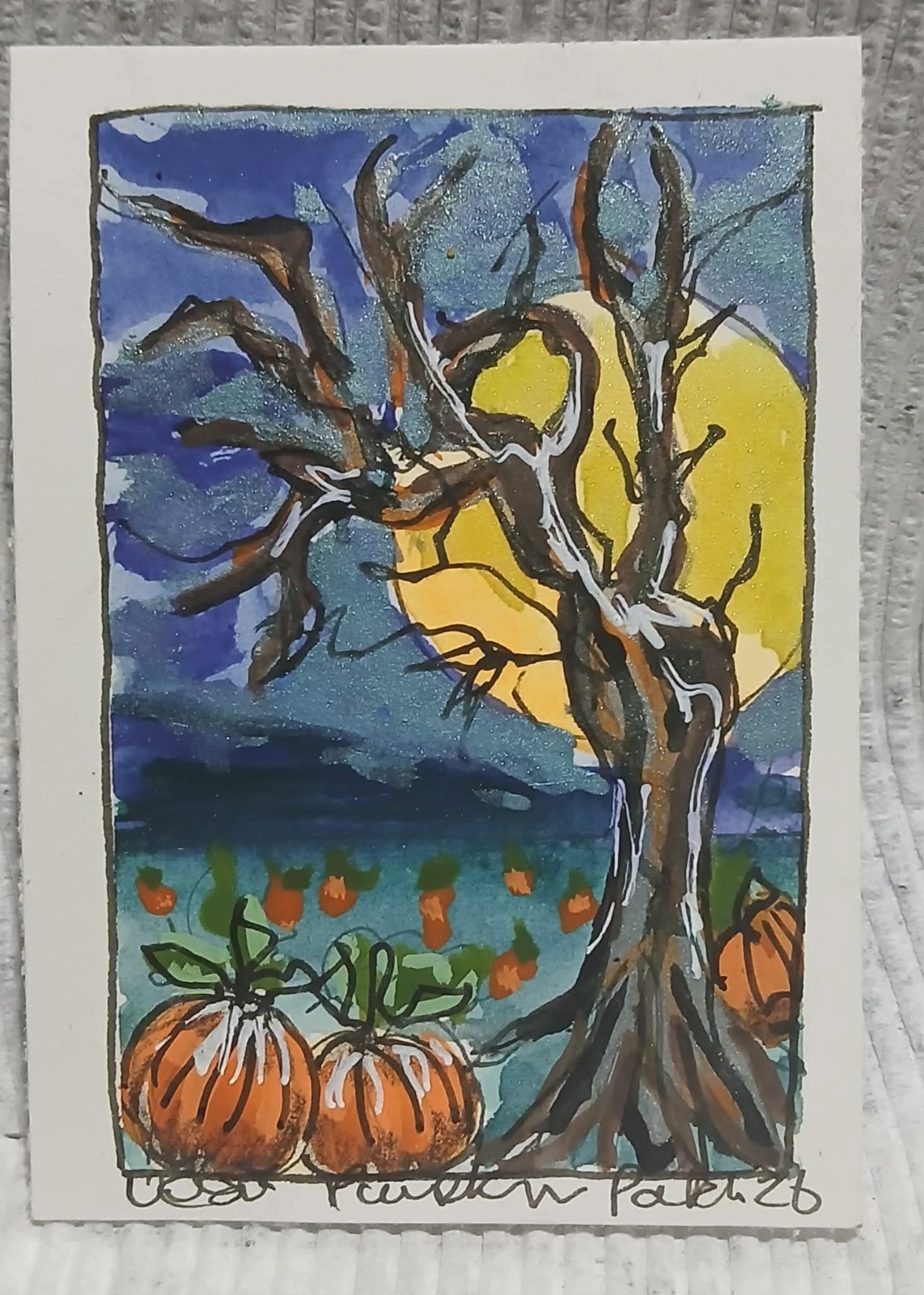 OOAK ACEO – Pumpkin Patch Series #2 Loose Watercolor Scribble Halloween