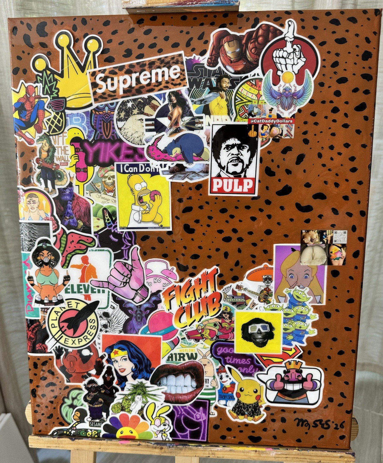 CatDaddyDollars Original Art Stickerbomb Painting Cheetah Print 16×20