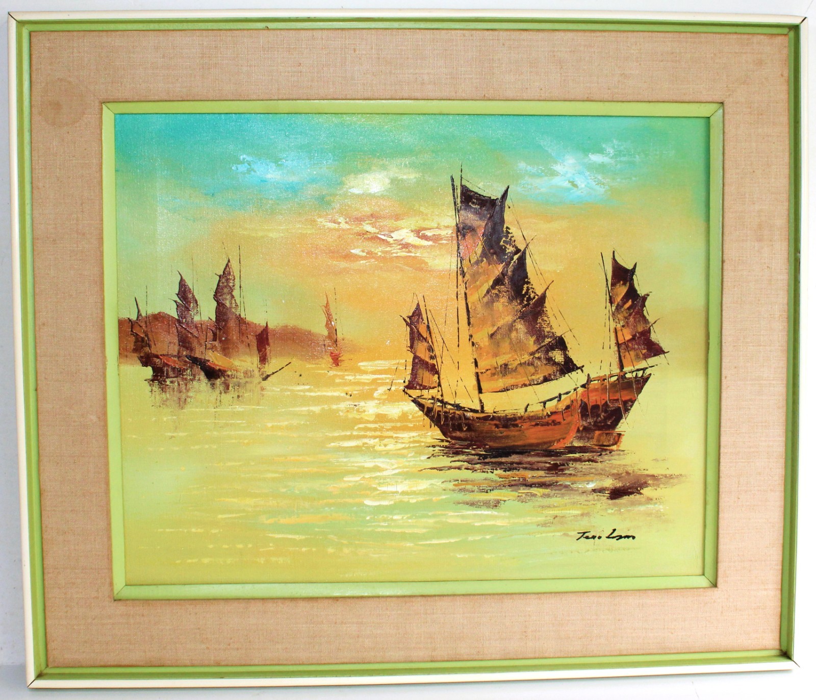 VINTAGE OIL PAINTING CANVAS SIGNED CHINESE JUNK SAILING BOATS HARBOR AT SUNSET