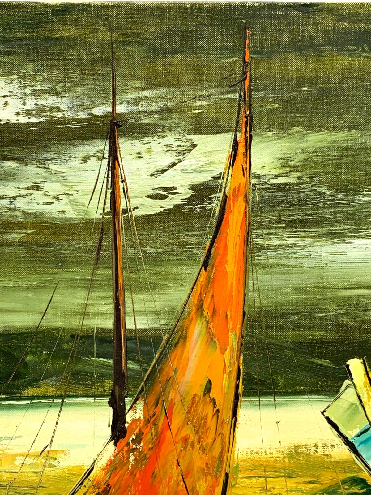 F LEE LARGE SEASCAPE OIL PAINTING SAND DOCKED FISHING BOAT PALETTE KNIFE IMPASTO