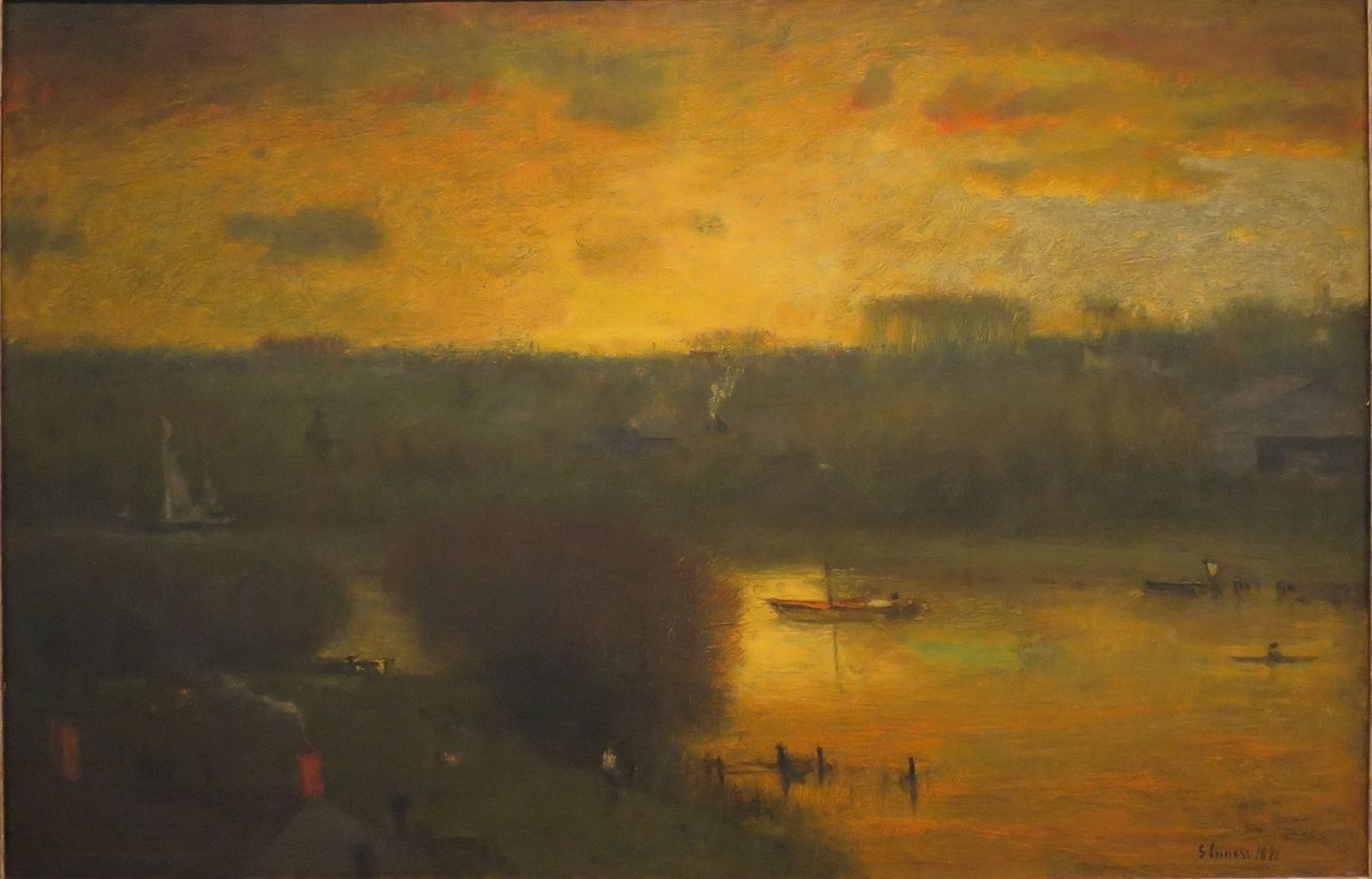 Ｏｉｌ　ｐａｉｎｔｉｎｇ Inness Sunset on the Passaic landscape with river canoes sail boats
