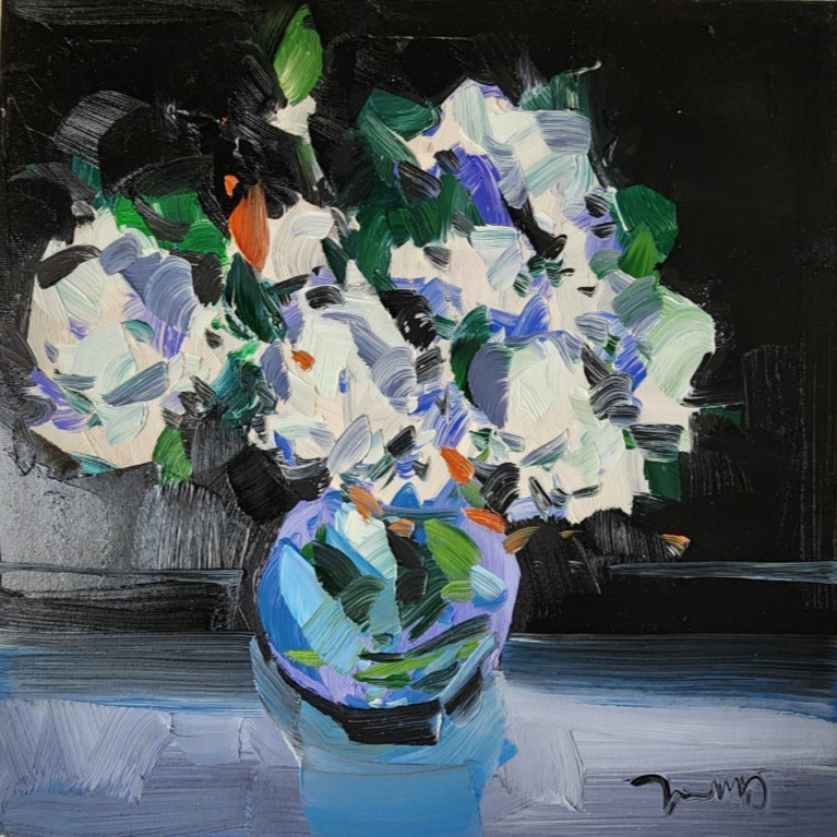Jose Trujillo Original Oil Painting – White Flower Bouquet 14×14 Oil on Canvas