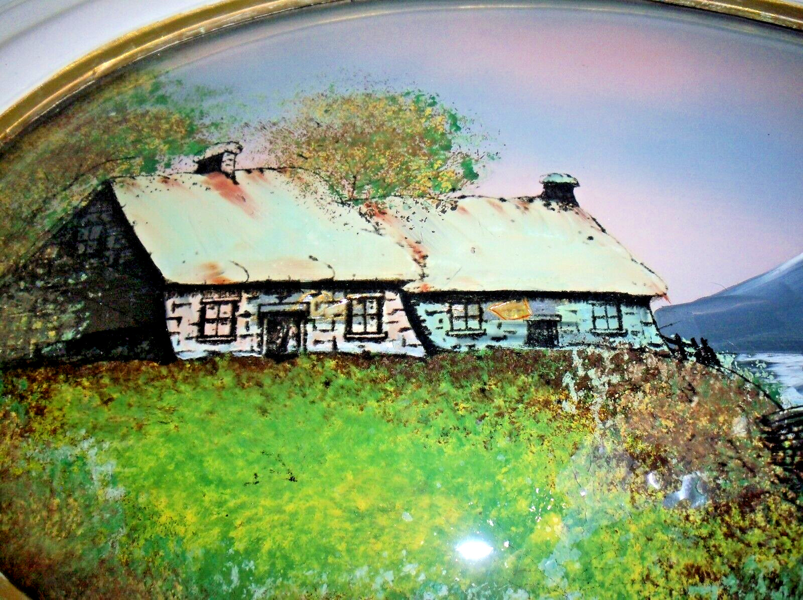 Antique Reverse Foil Painting Oval Convex Glass Landscape 14″x24″ Wood Frame