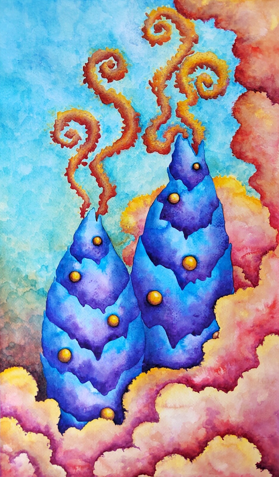 Fantasy Watercolor Art – Surreal Dream Plants with Spirals and Clouds