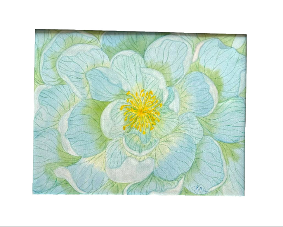 PAINTING WATERCOLOR 11X14 MAT 16X20 FLOWER POPPY BLUE GREEN FLORAL ORIGINAL ART