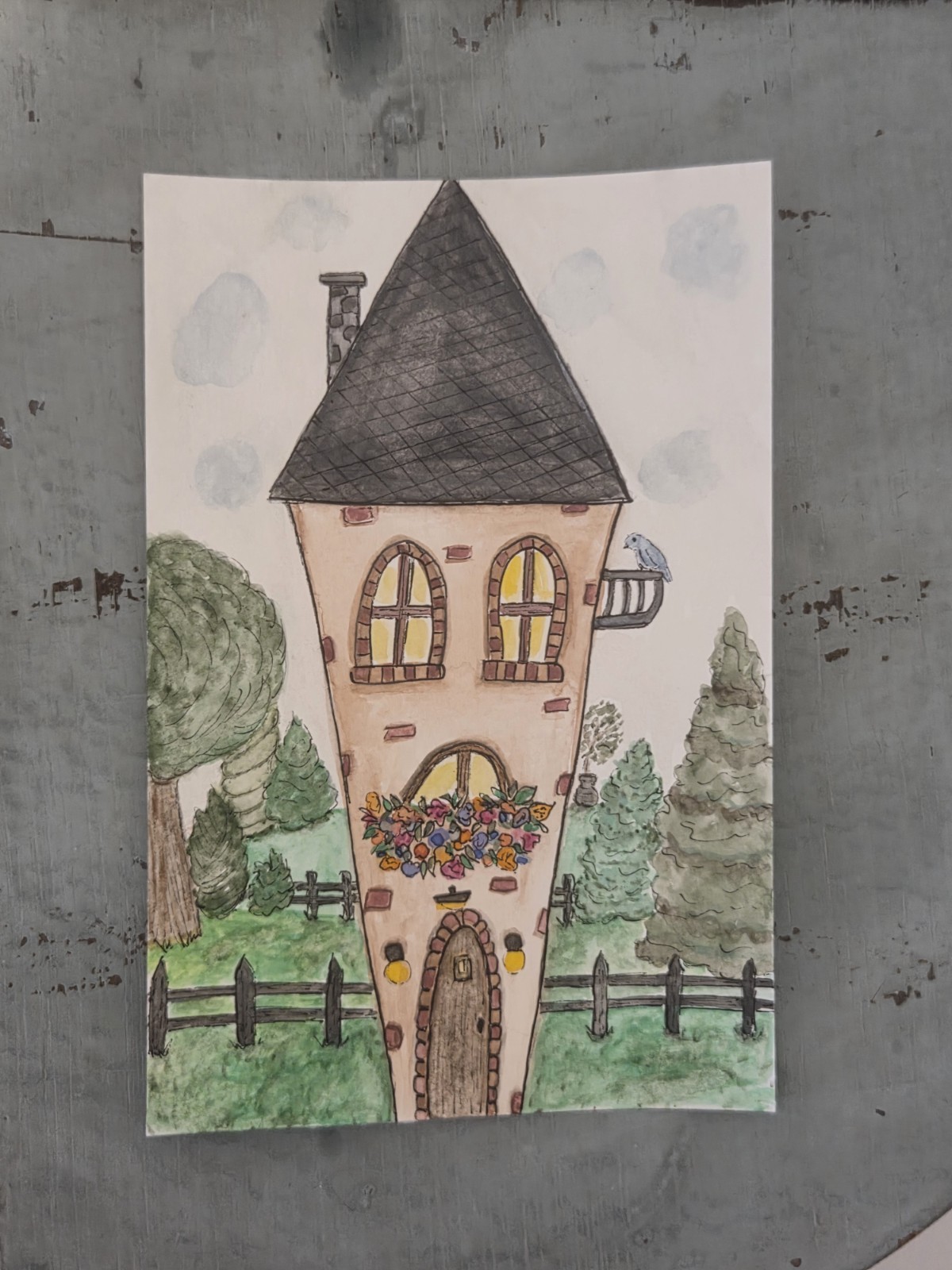 Rustic Garden Cottage – Hand Painted 4×6 Gouache & Ink Artwork Original