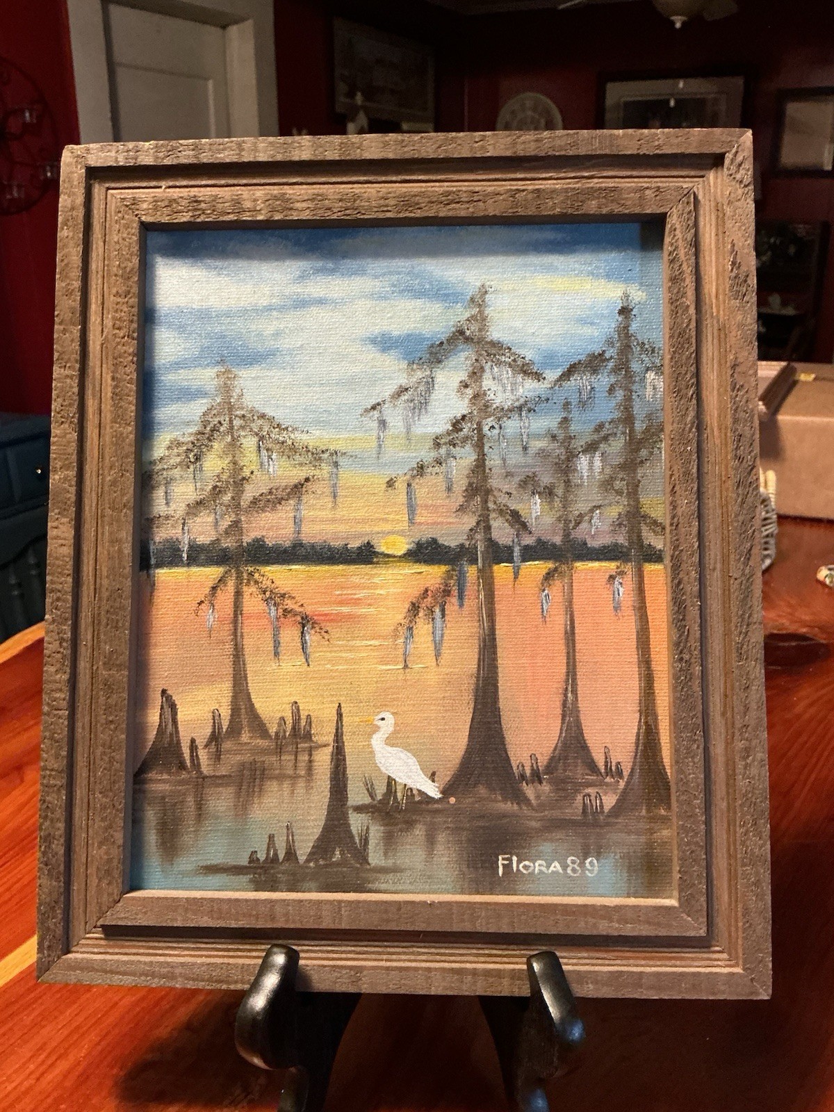 Vtg 8×10 Original Oil Painting Signed Swamp/Marsh/Landscape Rustic Frame