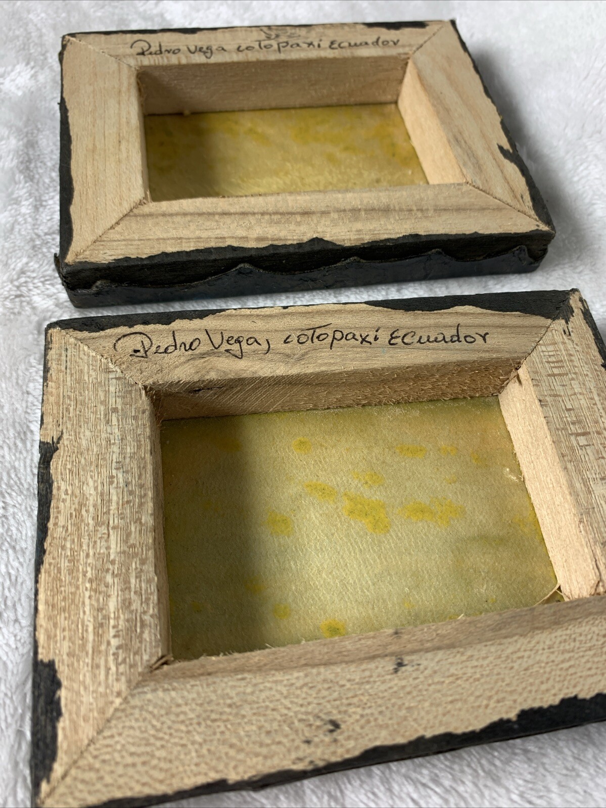 Vintage Cotopaxi Ecuador Mini Paintings Hide Llama Alpaca Signed Pedro Vega Pair