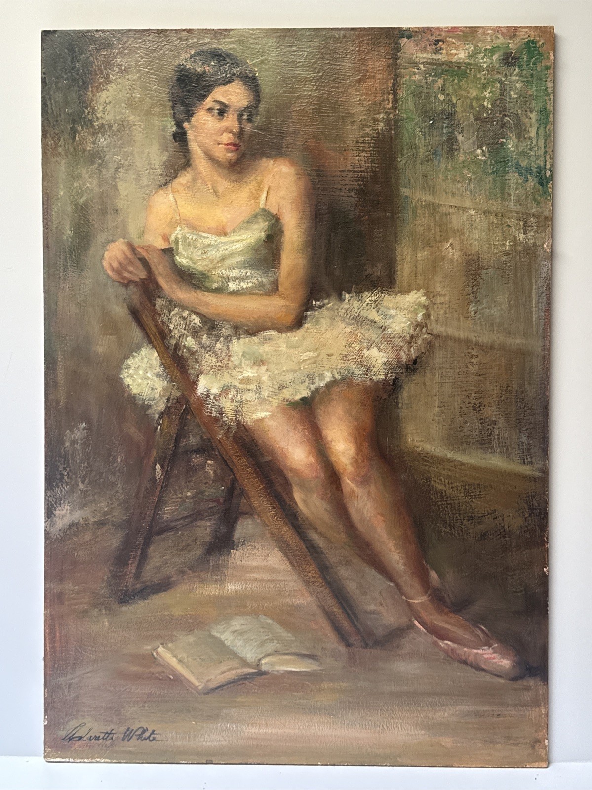 MID CENTURY PAINTING BALLERINA DANCER PRETTY WOMAN FEMALE MODEL BY WHITE LARGE