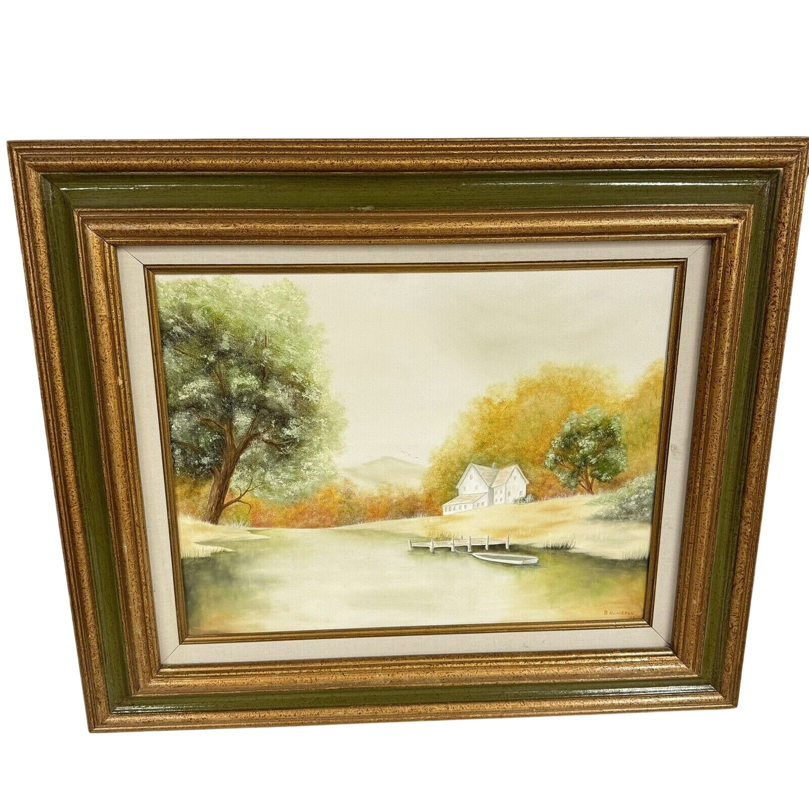 VTG Signed Painting Pond Lake House Cabin Home Dock Boat Green Wood Framed HLBN