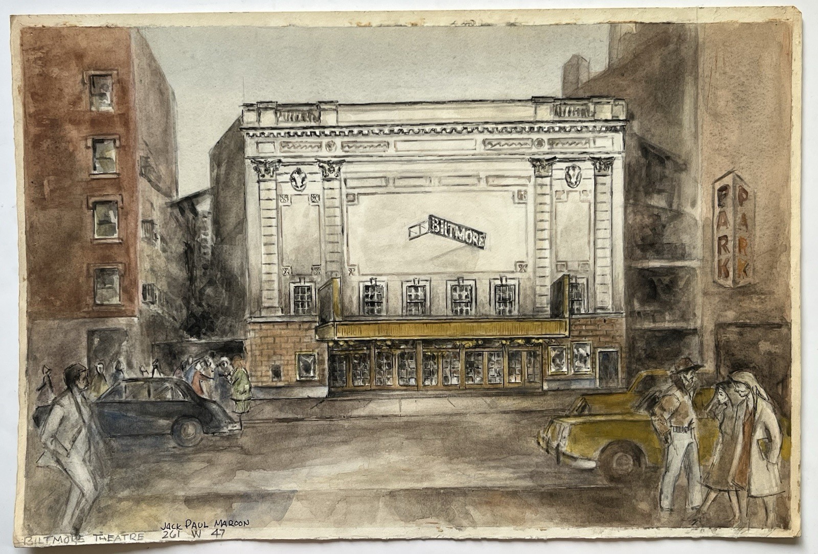 Vintage 70s New York City NYC Street Scene Painting Biltmore Theatre Broadway