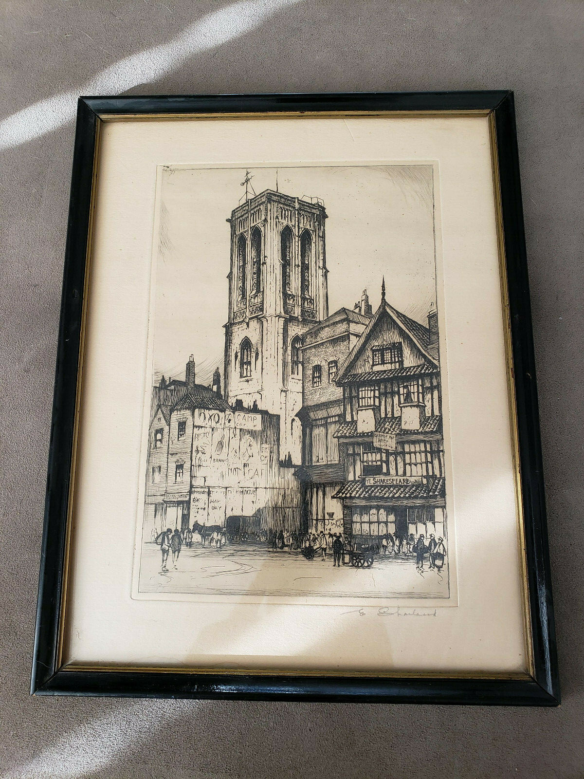 Two Original Antique E. W. Sharland etched paintings, signed.