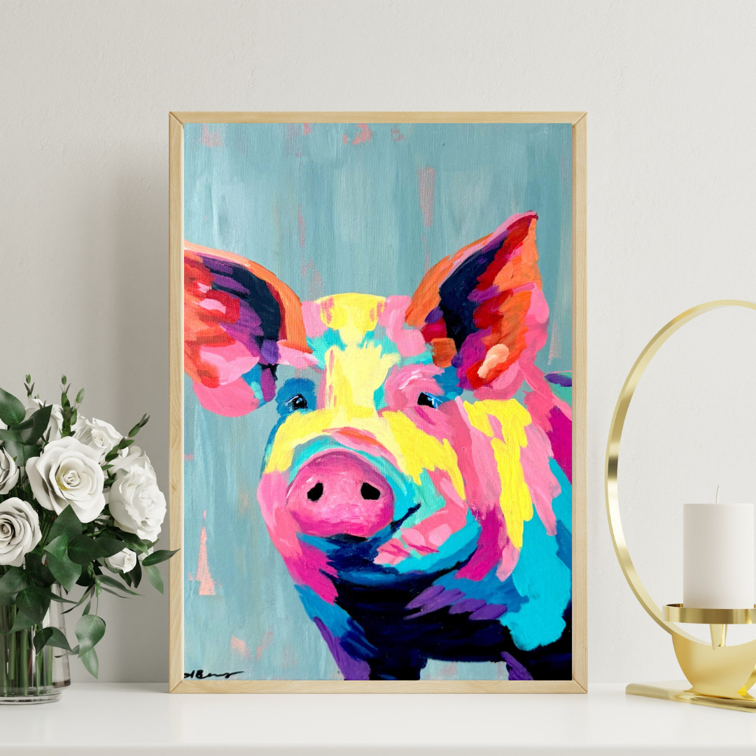 Abstract Expressionist Original Pig Painting Living Room Wall Art 12×16