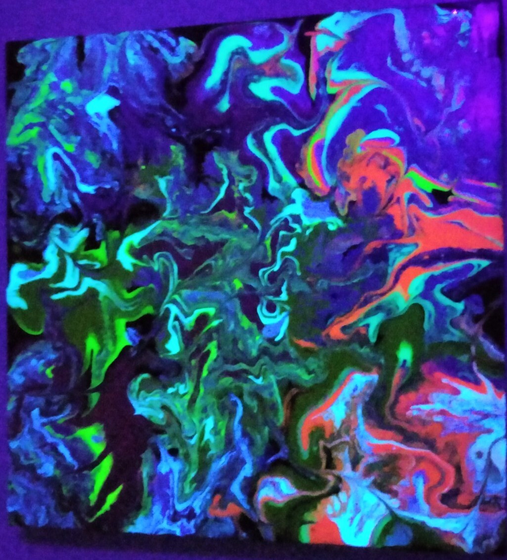 Orange Green & SilverSwirl Glow In The Dark Abstract Acrylic Blacklight Painting