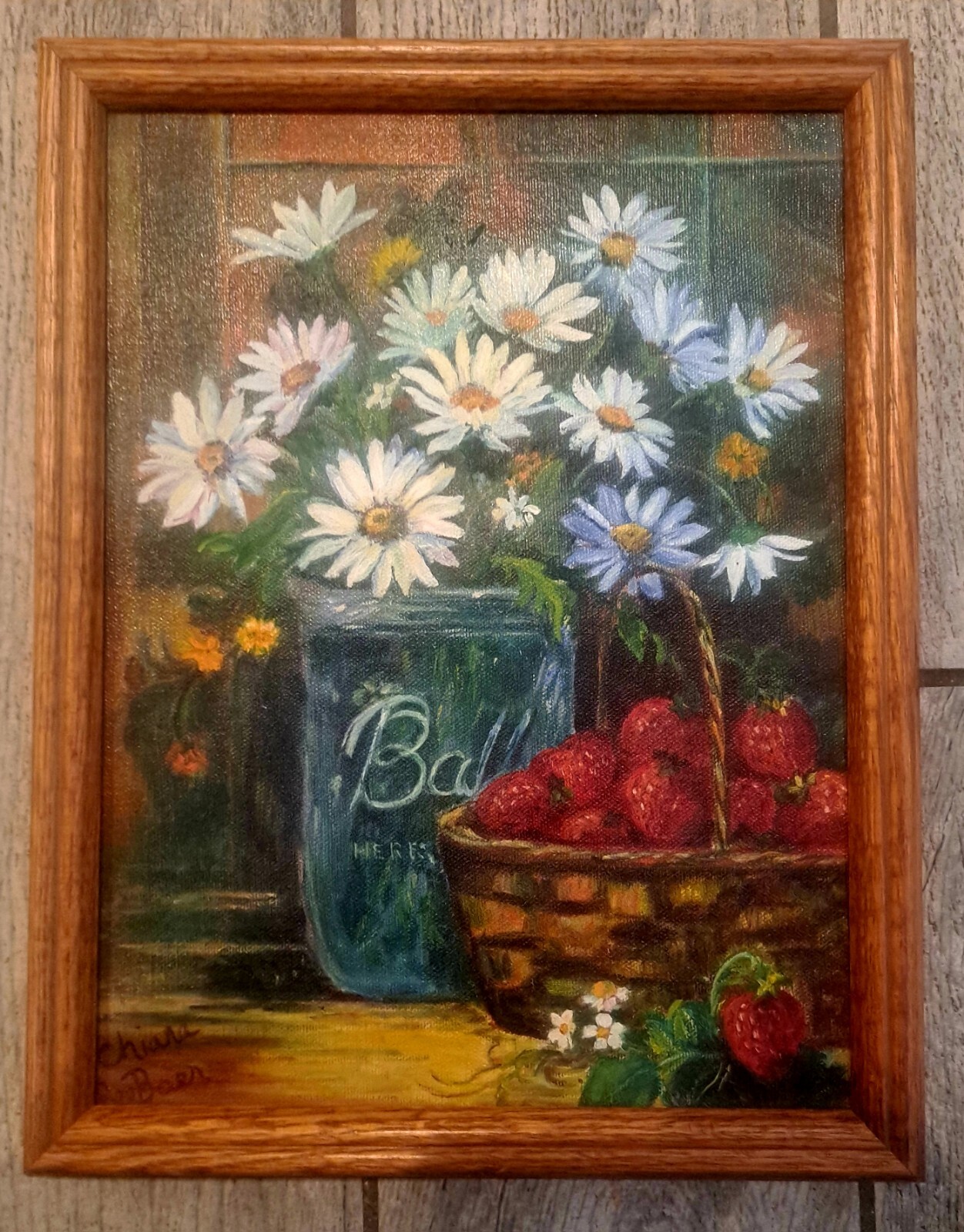 ORIGINAL OIL PAINTING OF DAISIES IN A MASON JAR WITH A BASKET OF STRAWBERRIES