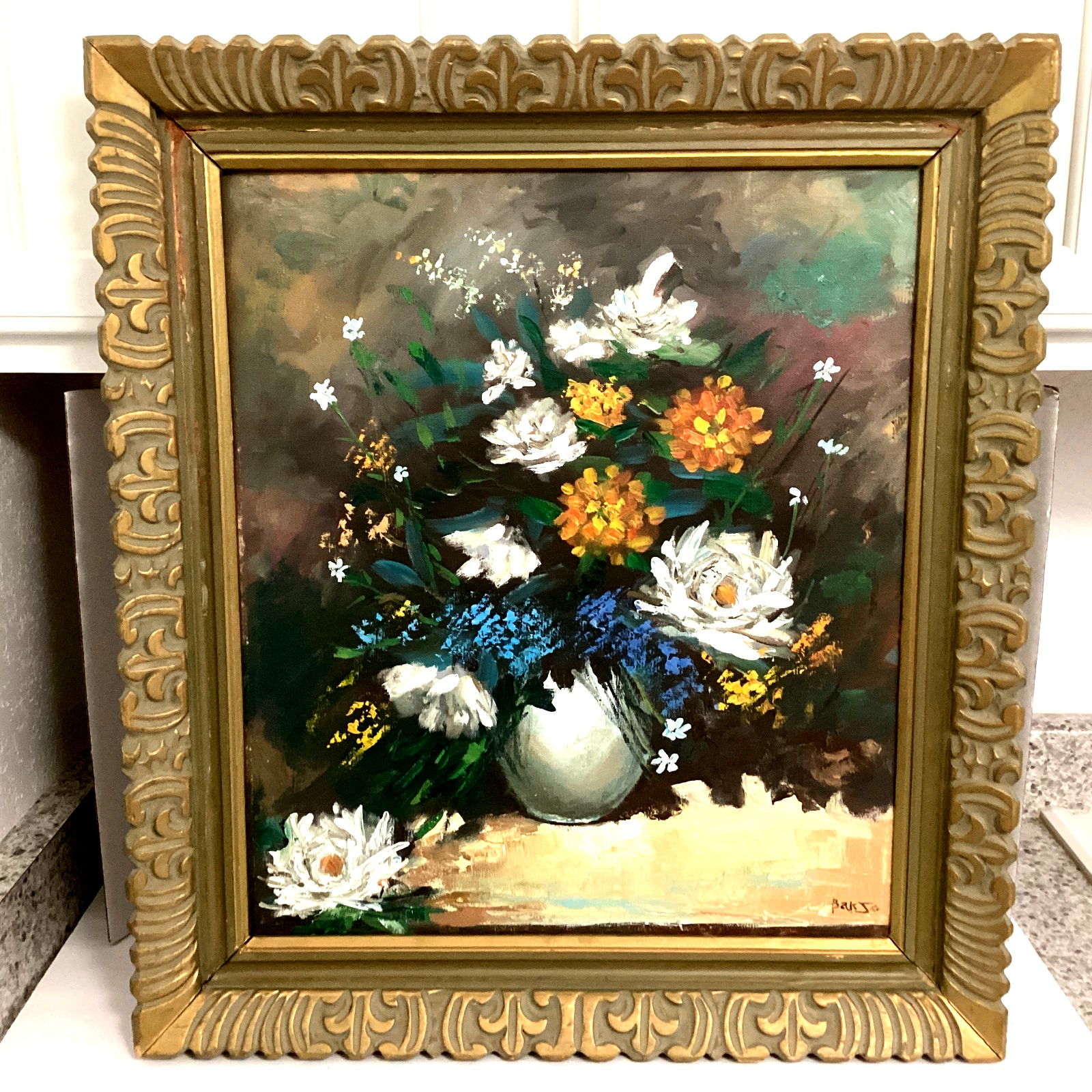 KIM BAKJO ORIGINAL CANVAS OIL PAINTING ORNATE FRAME OF FLORALS IN VASE SIGNED