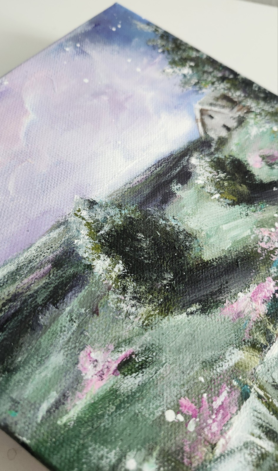 ORIGINAL Landscape Cottage In Meadow-Pink Flower-Night Sky-8×8″Acrylic Painting