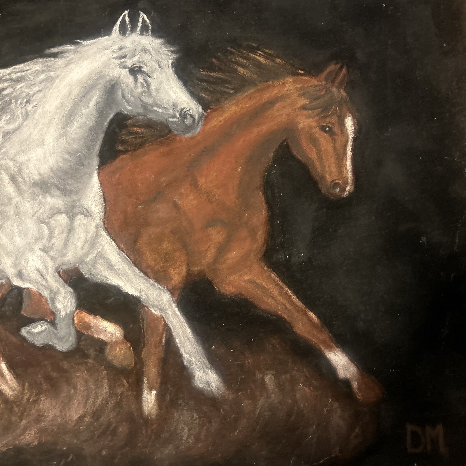 Horse Painting Signed DM 29 1/2”x 23 1/2” 32 1/2 X 26 1/2” With Frame