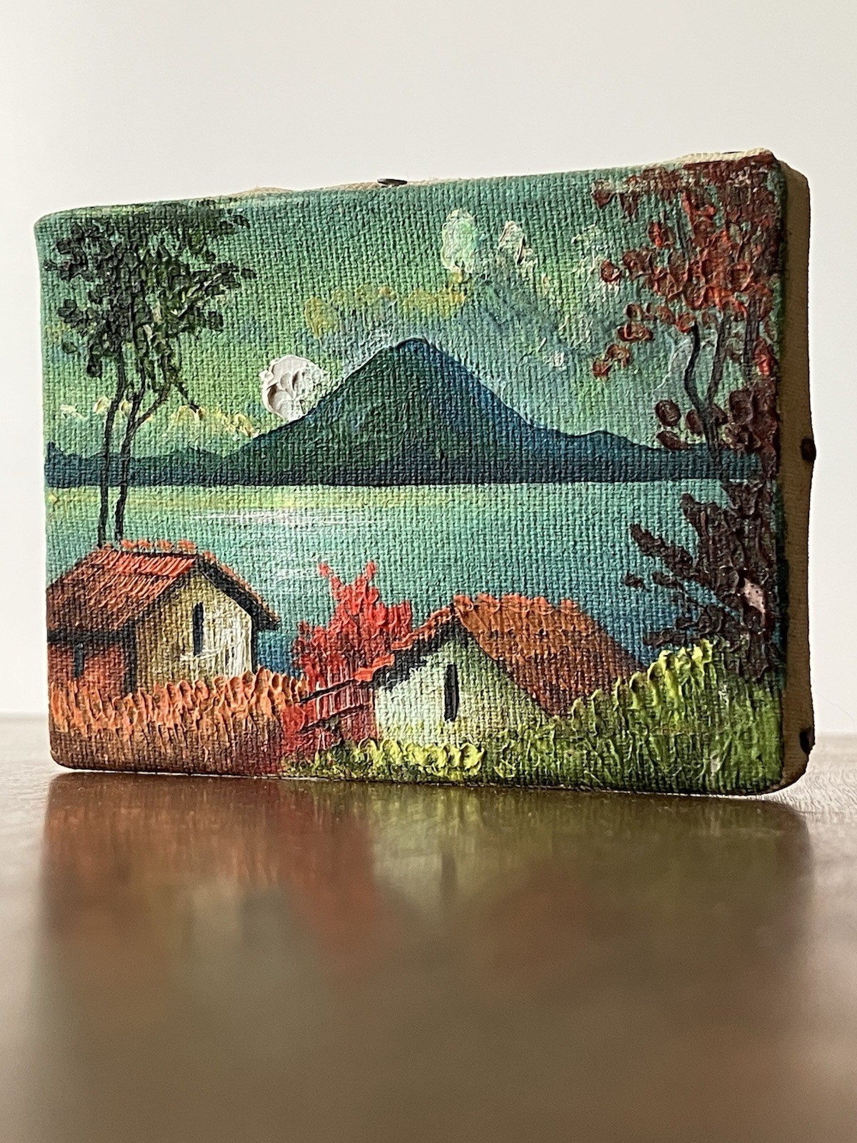 vintage oil Painting canvas landscape mountain sea lake miniature trees island
