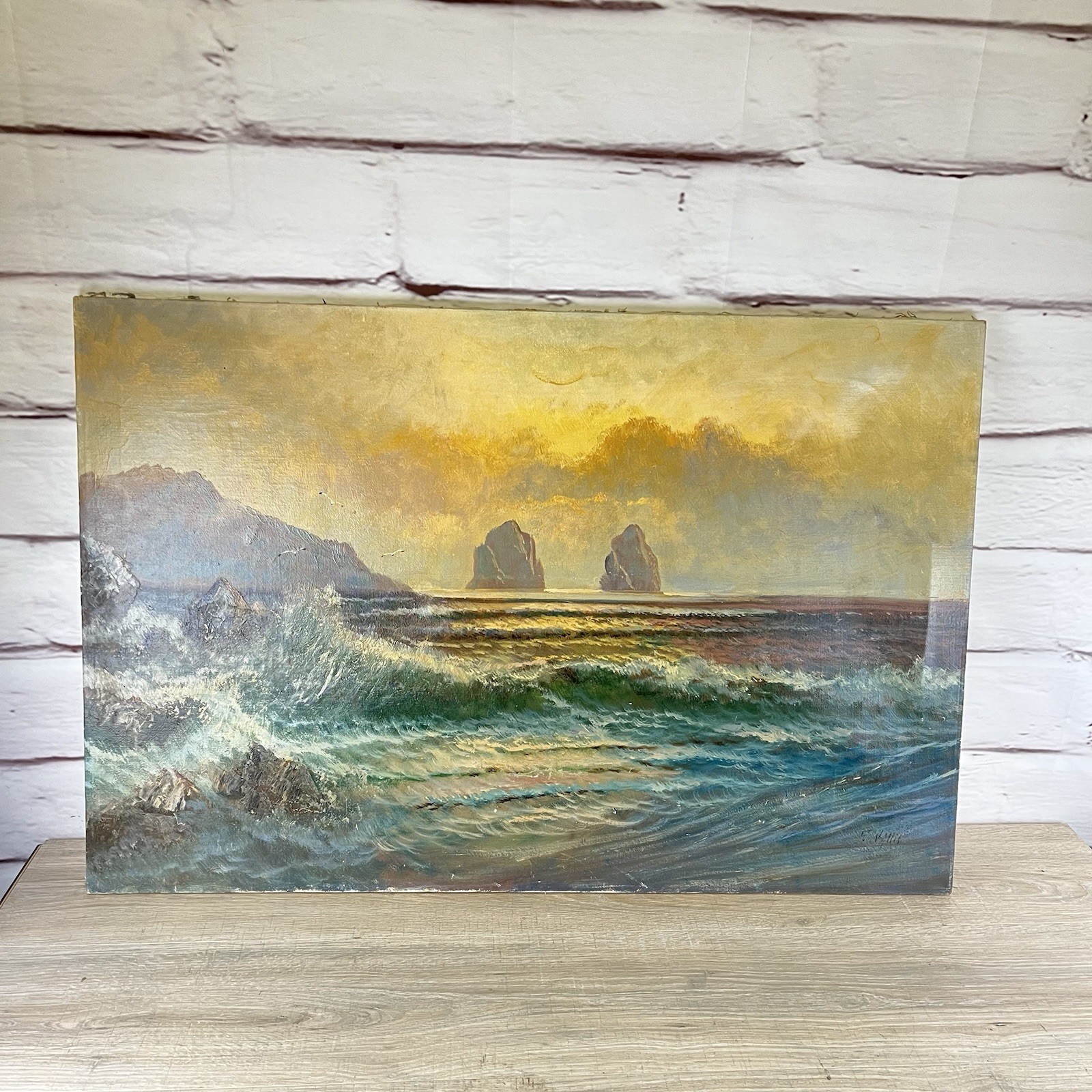 Original Vintage Ocean Waves Beach Sunset Oil Painting Franz Wallis Waldner 36″