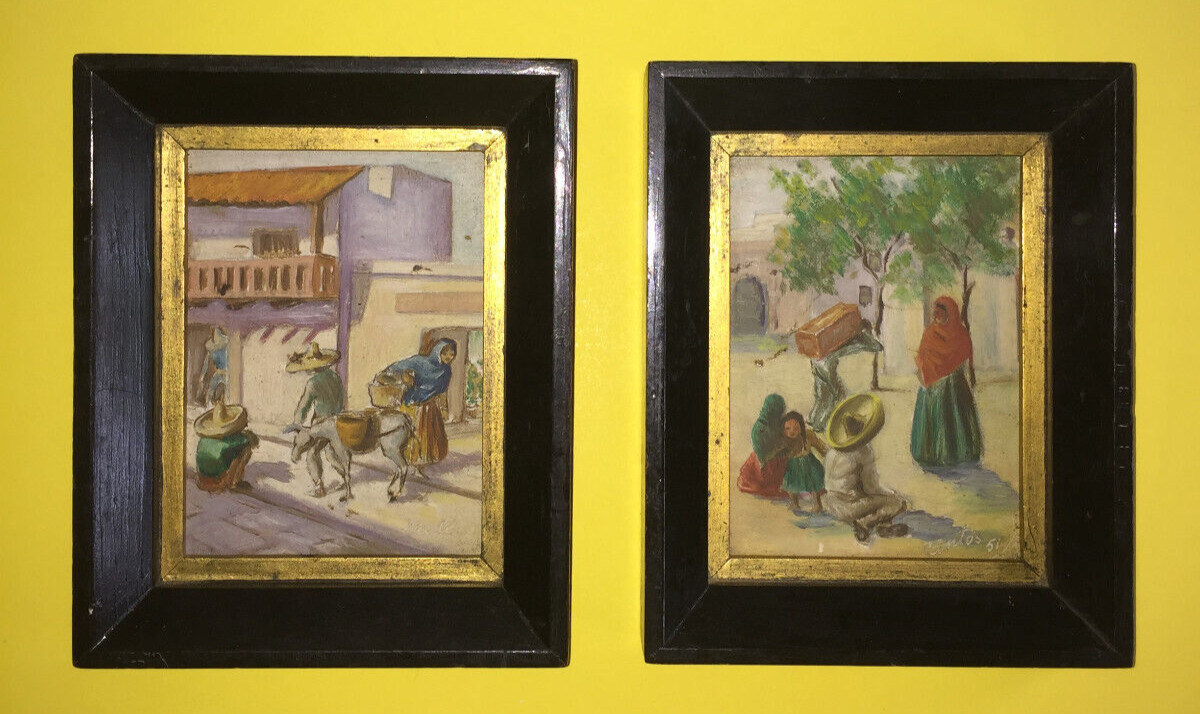 Pair Reys Santos Vintage Original Oil Board Miniature Old Village Portugal 1951
