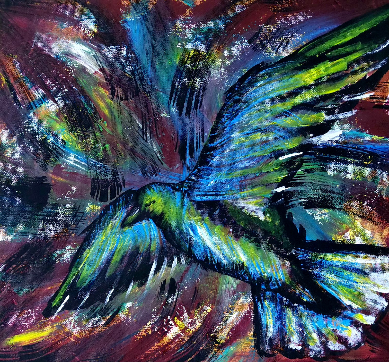 Abstract Bird Painting Expressive Wings in Flight Acrylic on Canvas Blue Green