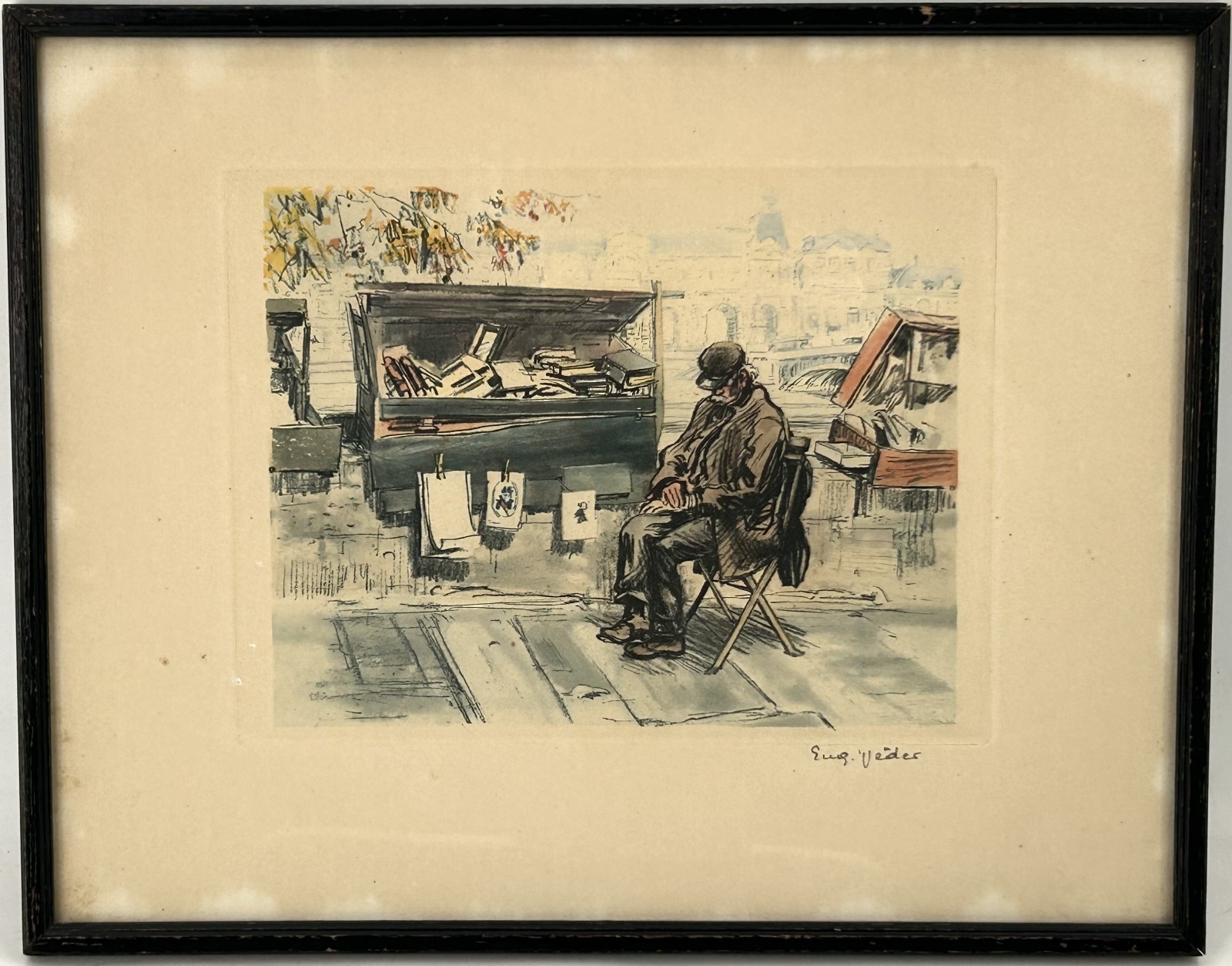 Antique PARIS STREET SCENE Colored Drawing by Paris Artist EUGENE VEDER