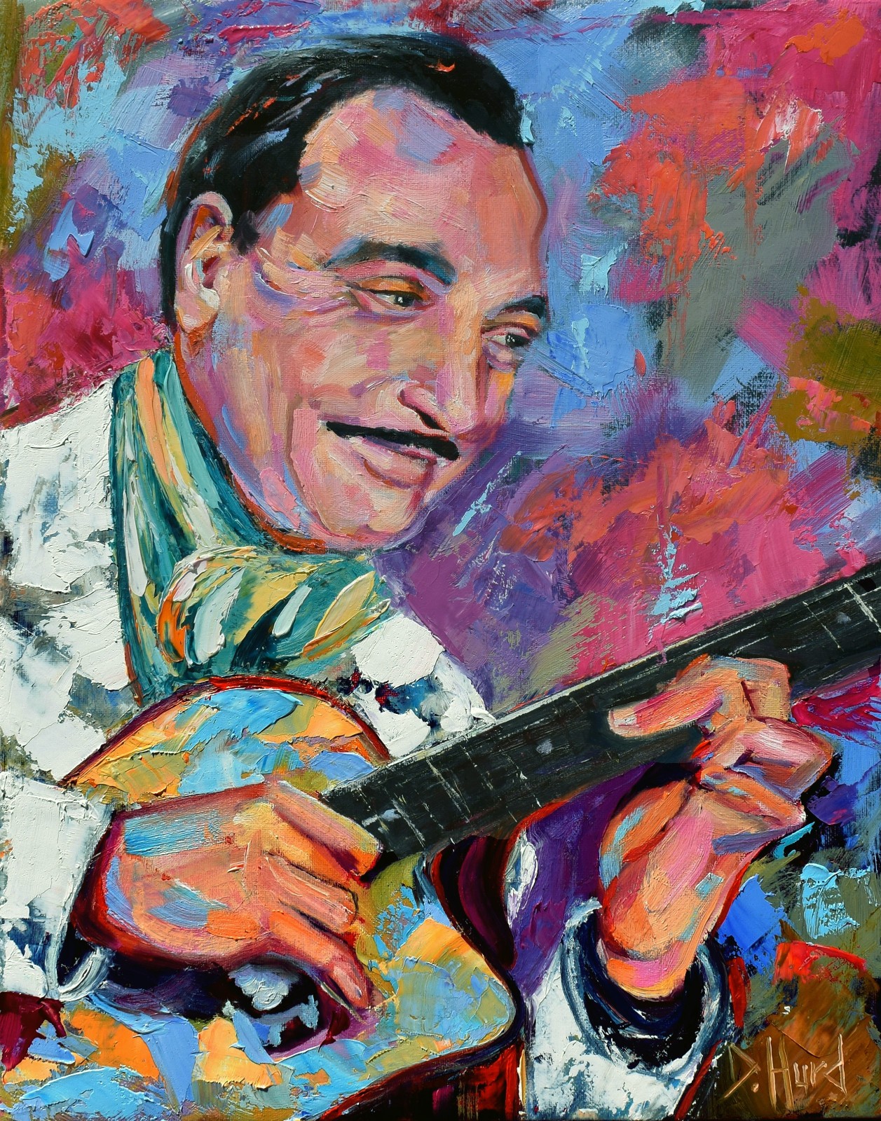 Original oil hi painting of jazz guitar Django Reinhardt music art by Debra Hurd