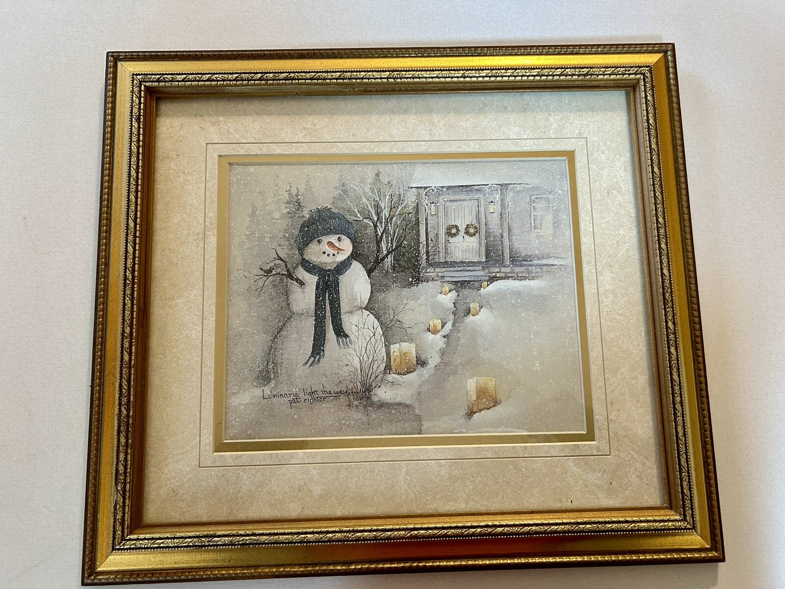 Farmhouse Chic Snowman “Light The Way…” By Pat Righter Framed In Gold Leaf