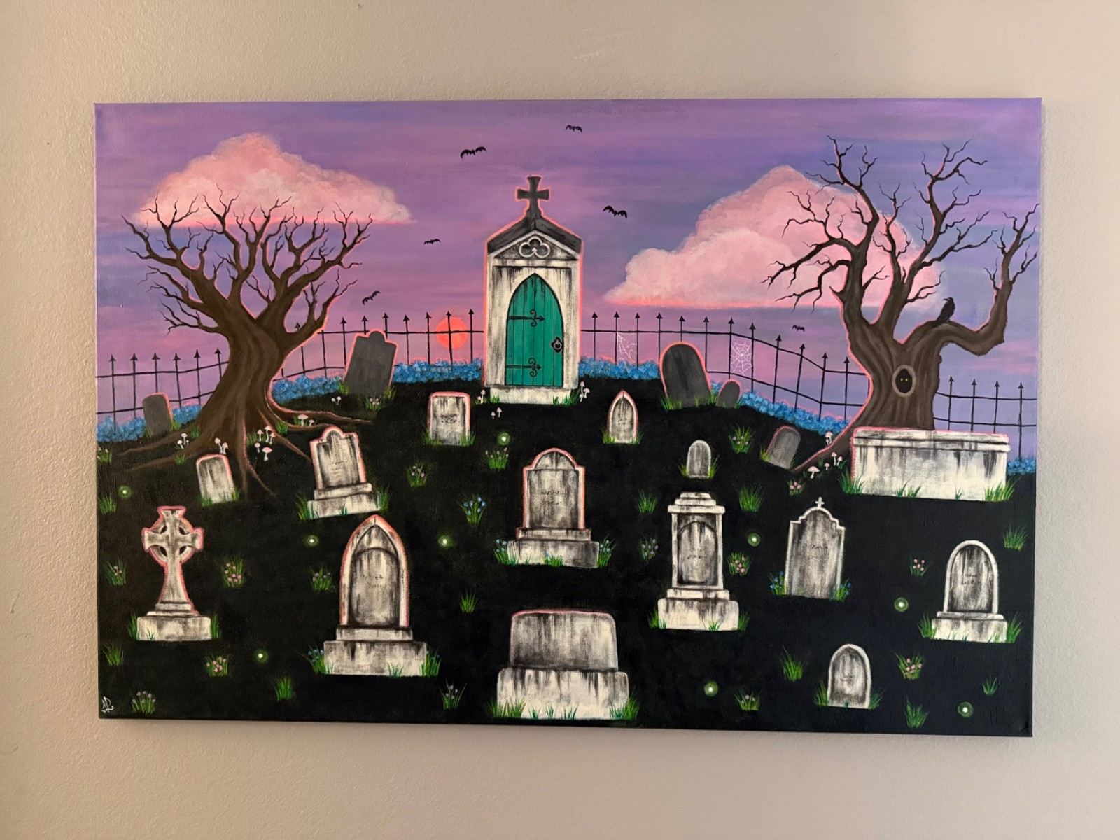 Original Acrylic Painting, Sunset Cemetery Landscape, 24×36 inch Canvas