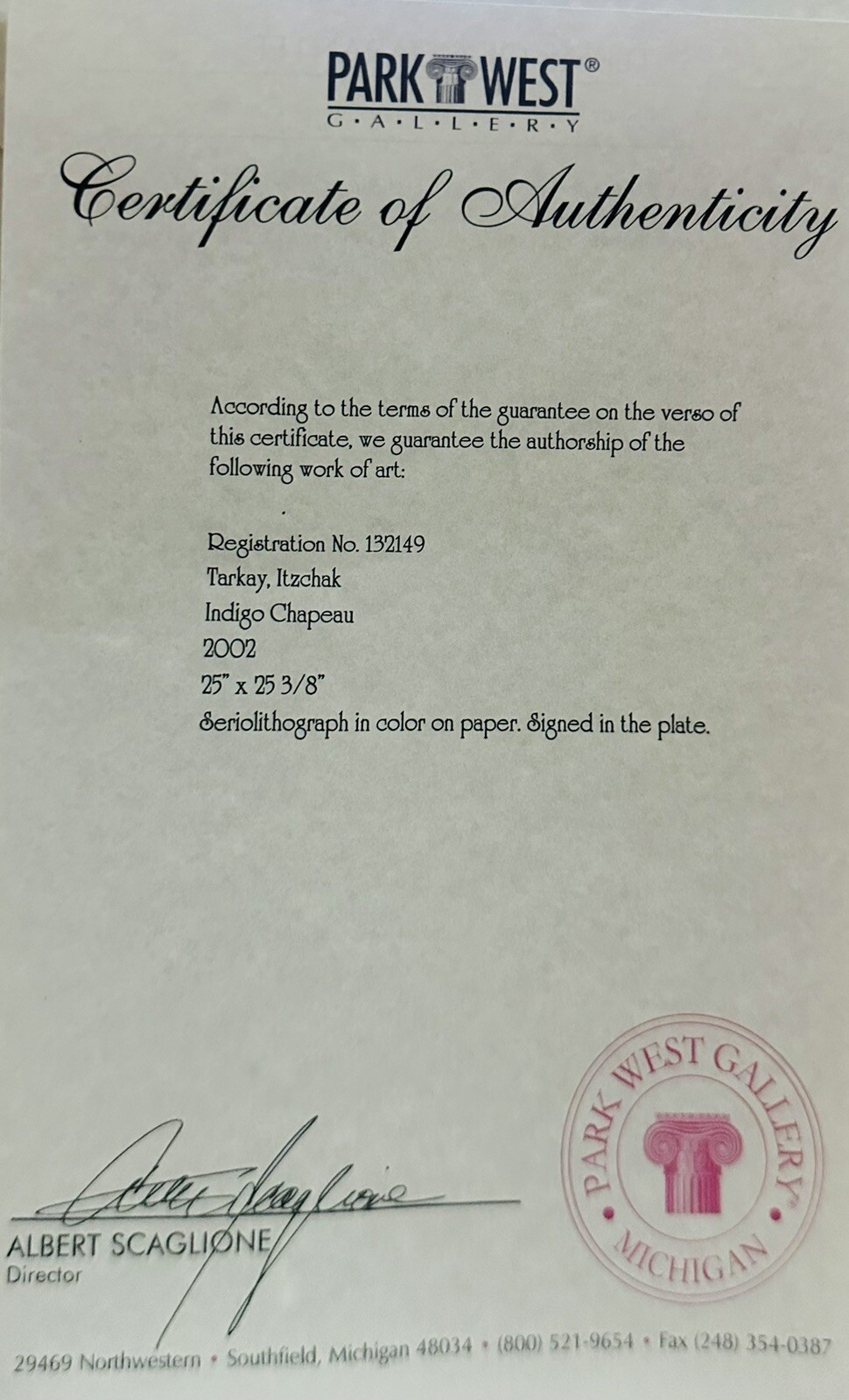 Itzchak Tarkay “Indigo Chapeau” COA & Appraisal 25”x25” Seriolithograph/ Signed