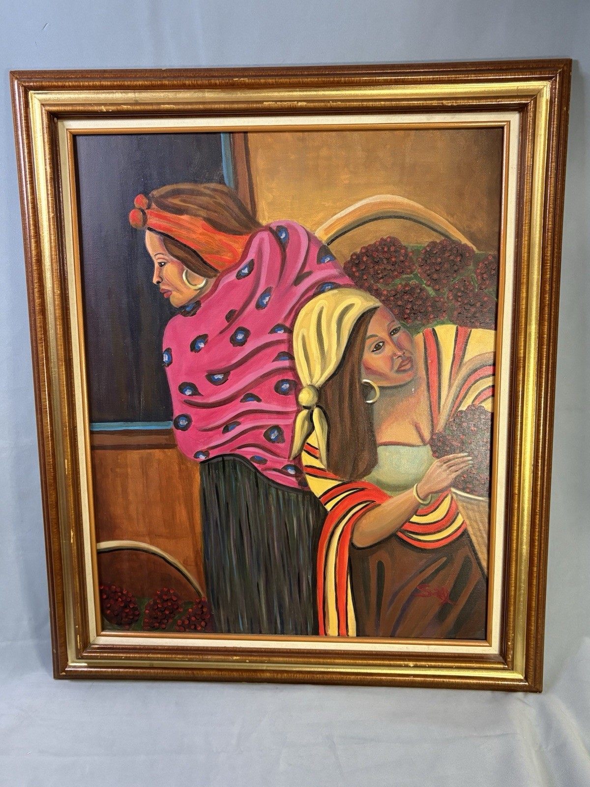 Market Harvest Women Colorful Textiles Gold Hoops Original Painting Signed Sal