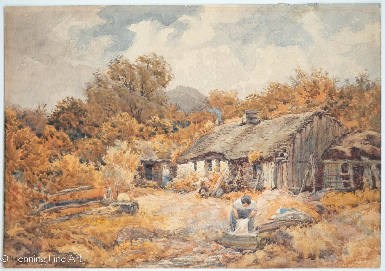 Beautiful Antique English Painting Fall Landscape Cottage Signed & FINE, DM5
