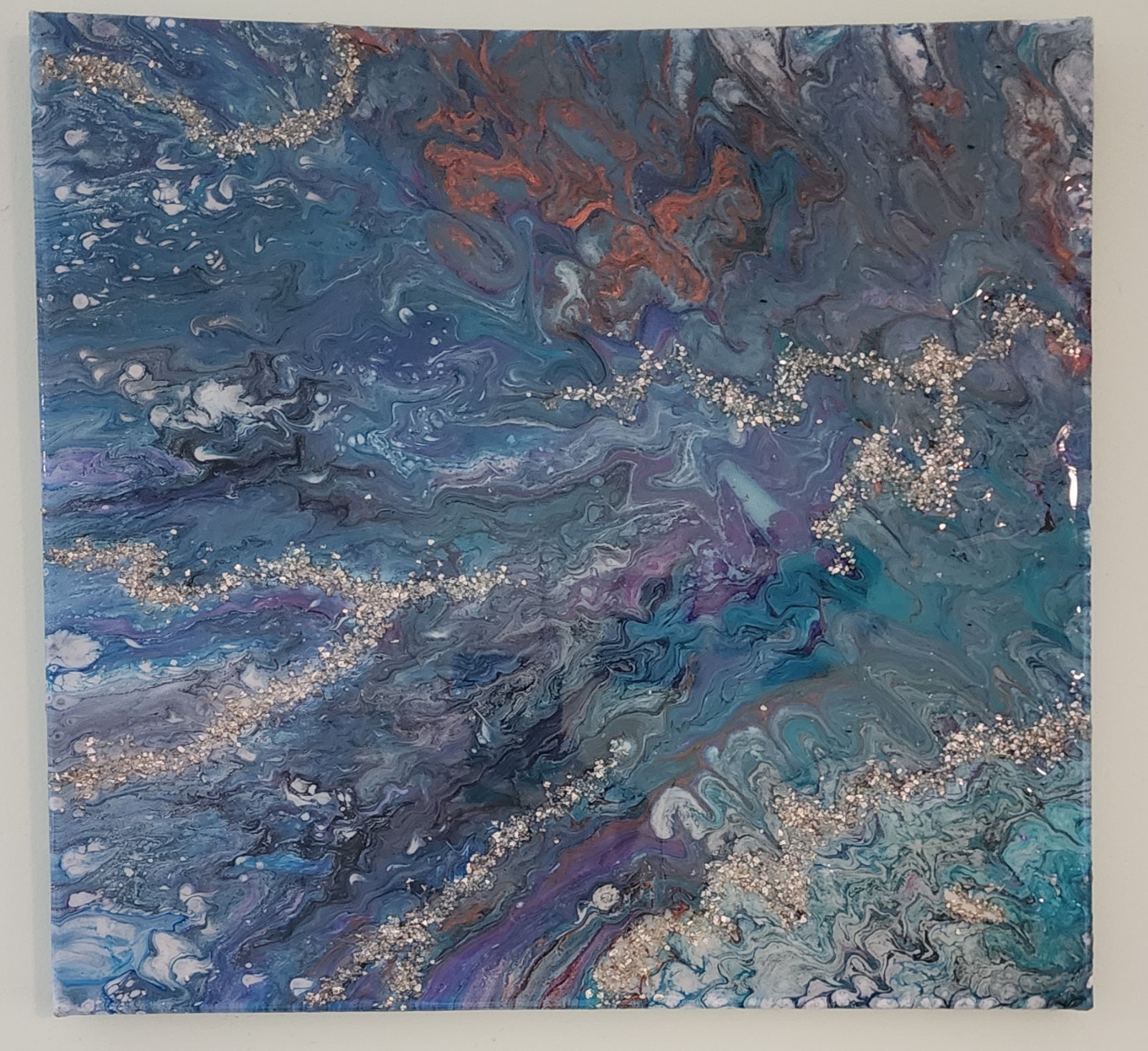Acrylic Pour Painting 12″x12″ Canvas With Blue, Purple, Copper & Silvered Glass