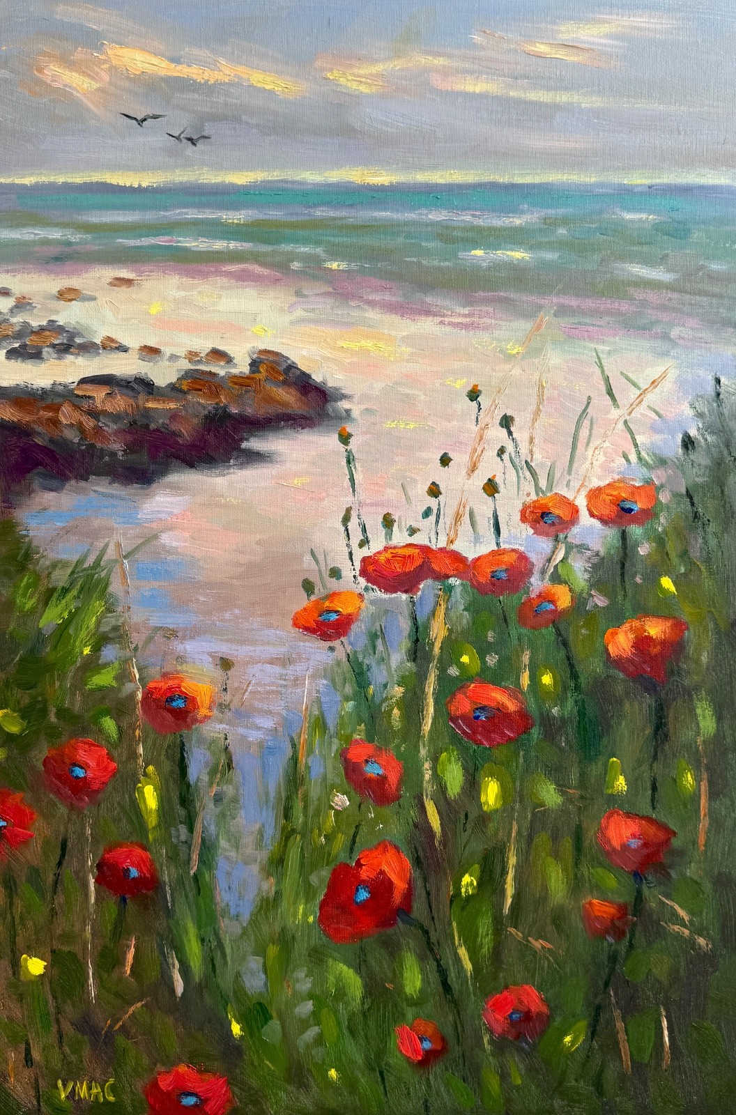 Large Original Oil Painting Poppy Landscape Coastal Seascape 23×15 inch art