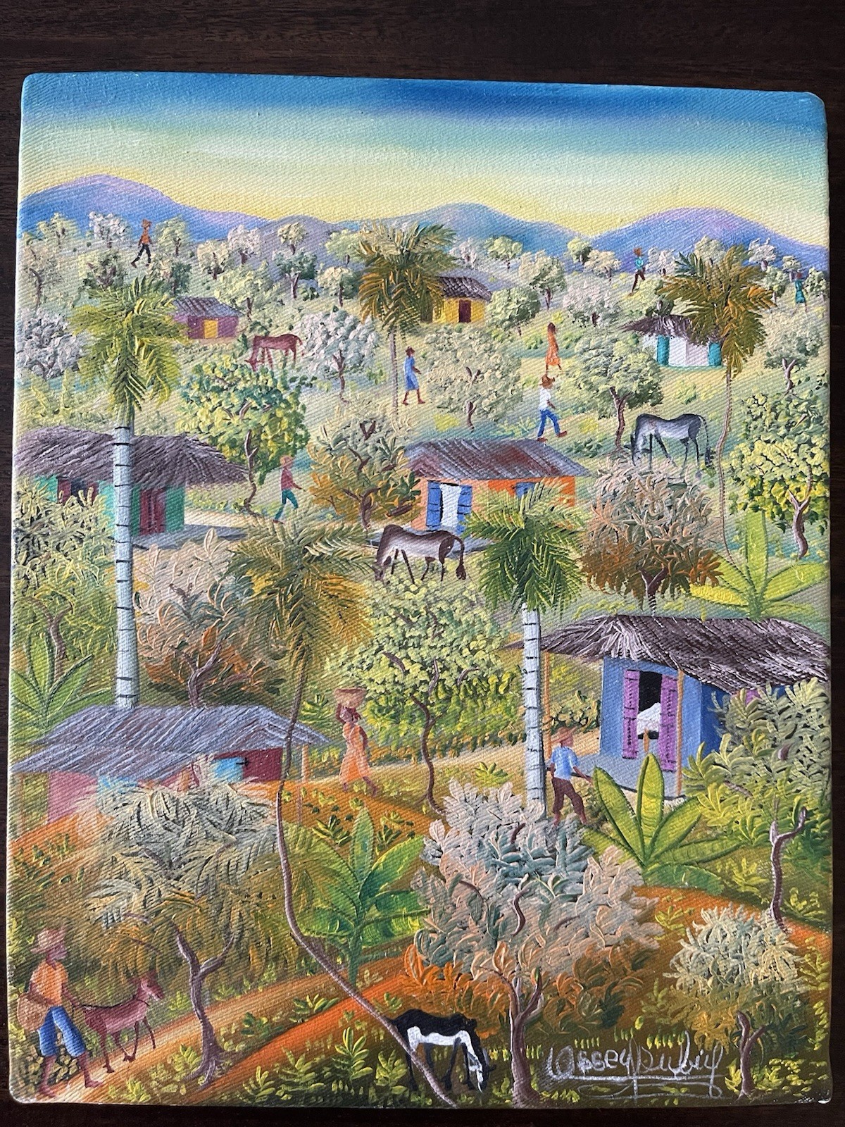 Vintage Ossey Dubic Haitian Folk Art Original Painting Village Life Landscape