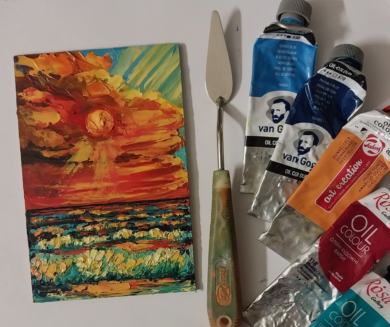 Framed Small Seascape Bright Sunset Sky Art 4×6” Impasto Original Oil Painting