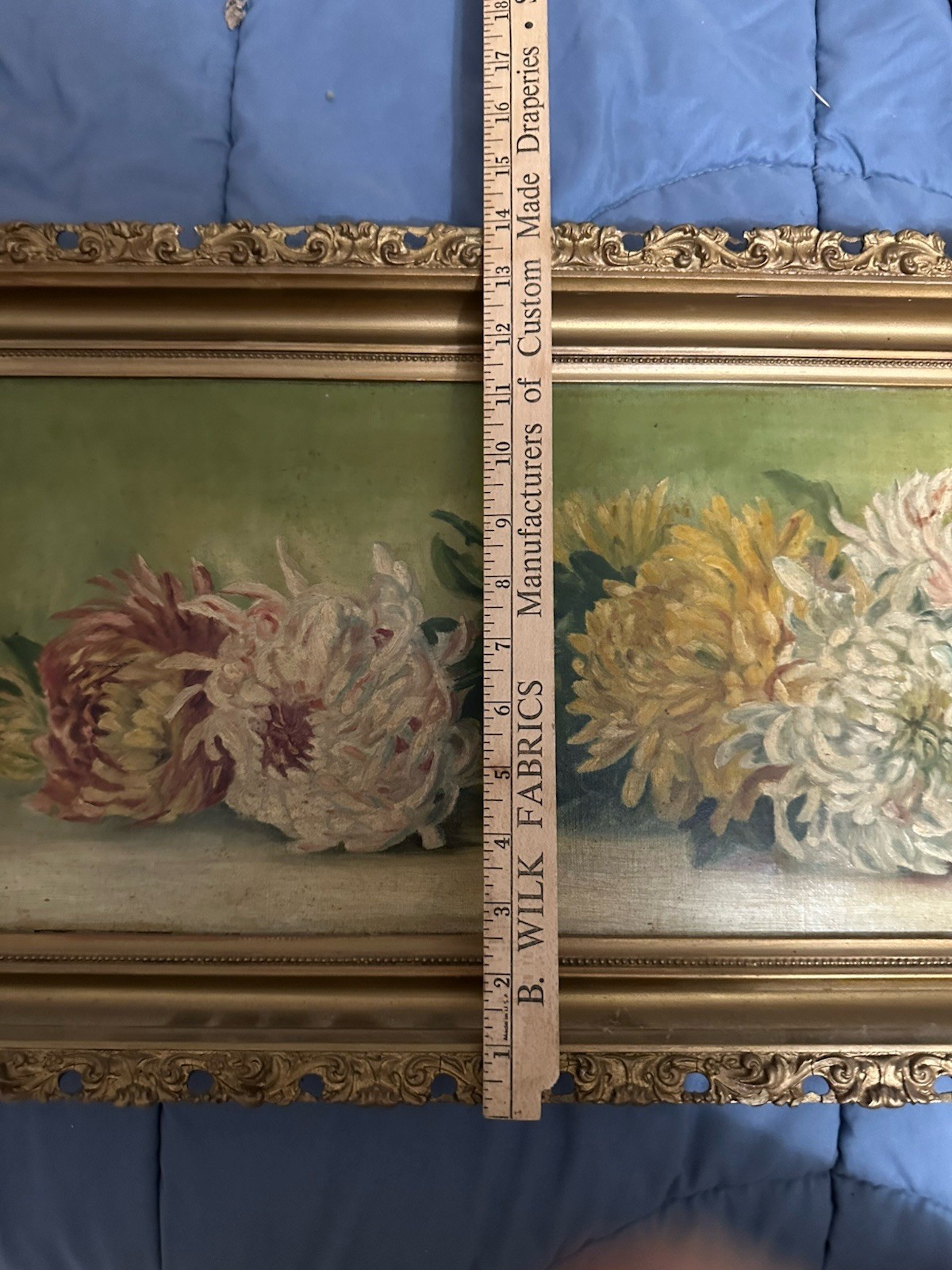 Antique Victorian Rare Horizontal Oil / C Chrysanthemum’s 40 X 14 Still Life