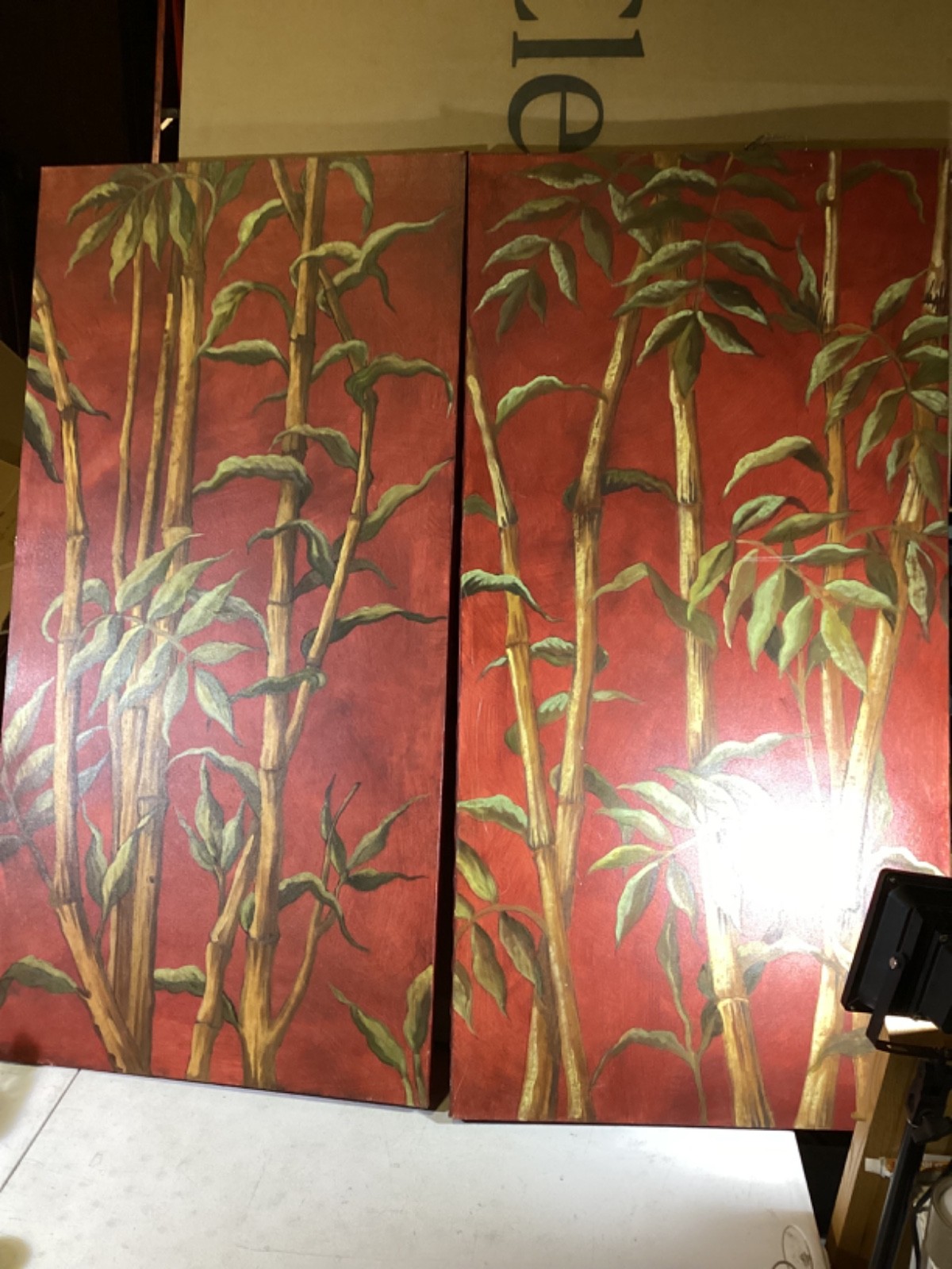 48”x24” Bamboo Tree Painting By Local CT Artist Red Background Original Set of 2