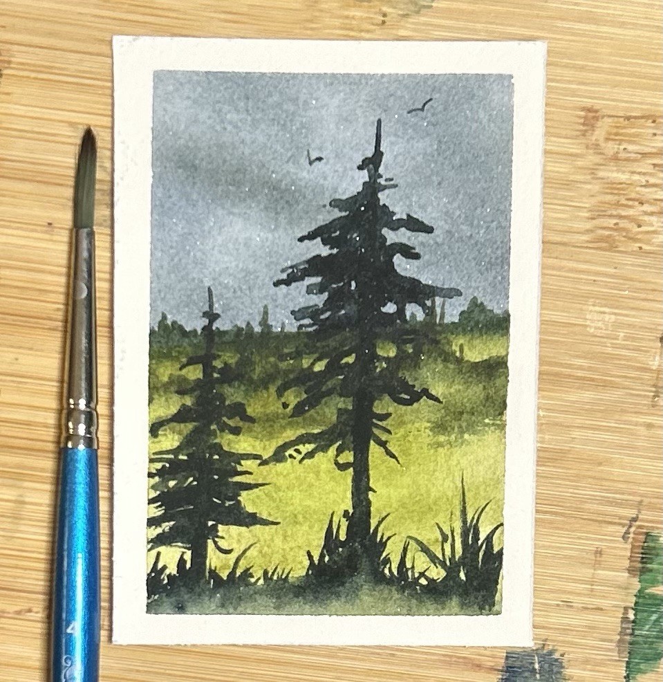 ACEO Stormy Blue Skies Series 2, Watercolor Landscape Painting By Sasha Lehto