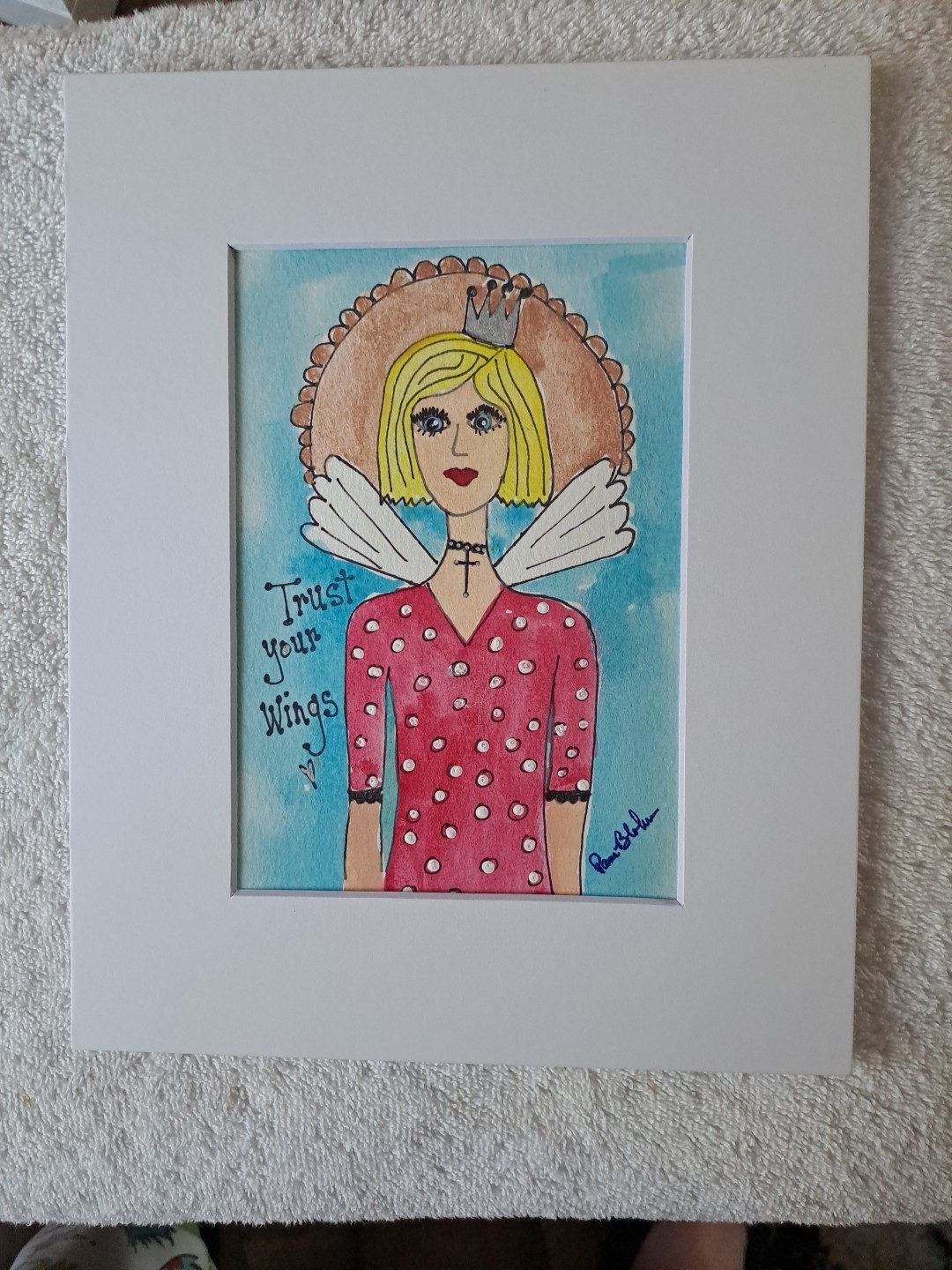 Watercolor Original » Trust Your Wings» Crowned Angel Art White Matted 8×10