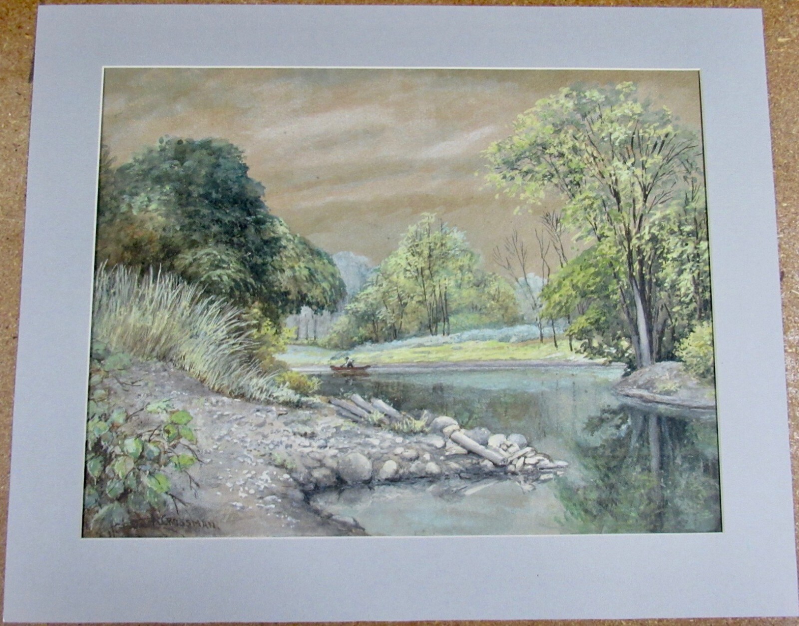 MEANDERING RIVER SCENE WATER COLOR ABNER CROSSMAN LISTED AMERICAN ARTIST