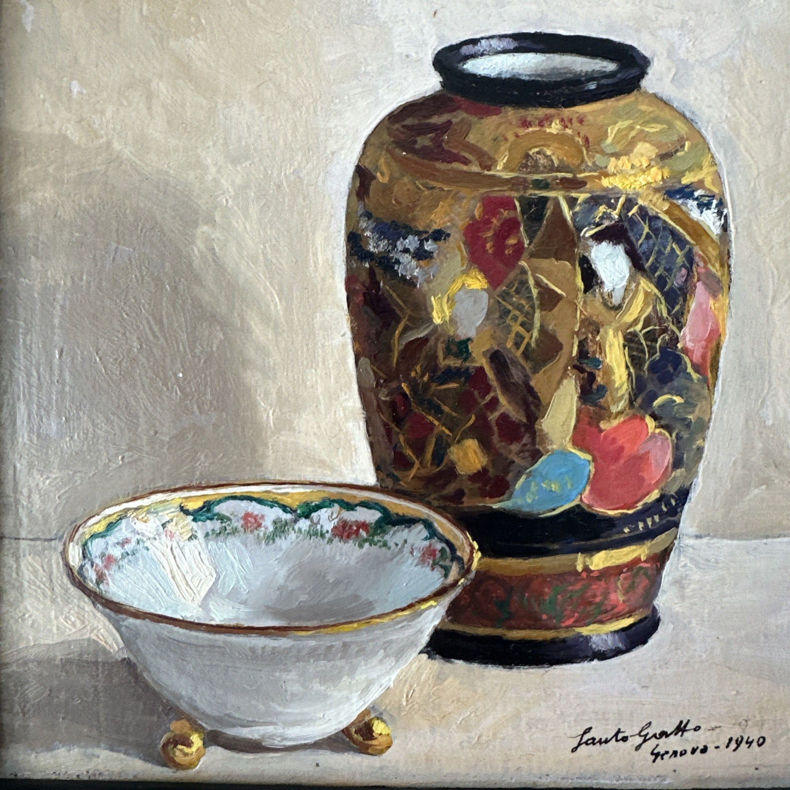 1940 Italian School Oil Painting Still Life Signed Attr Santo Gatto Genova Vase