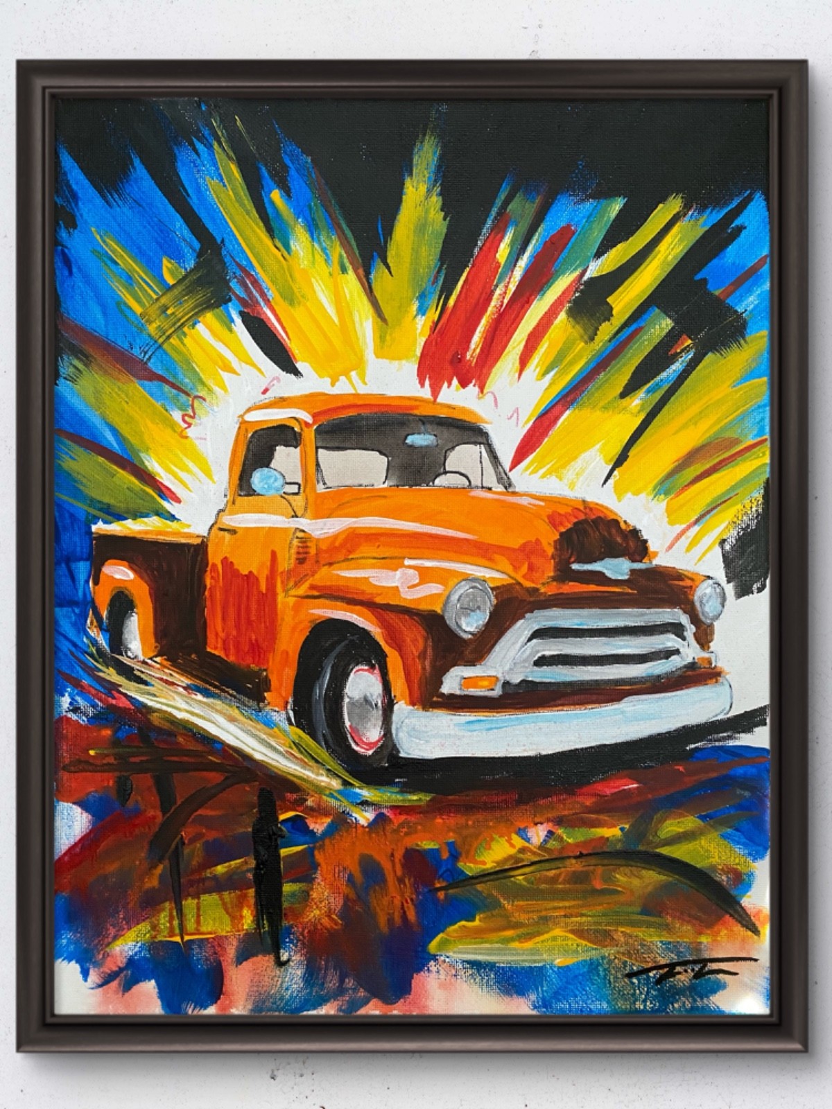 Orange Vintage Pickup Truck Hot Rod Original Art 14×11 Canvas