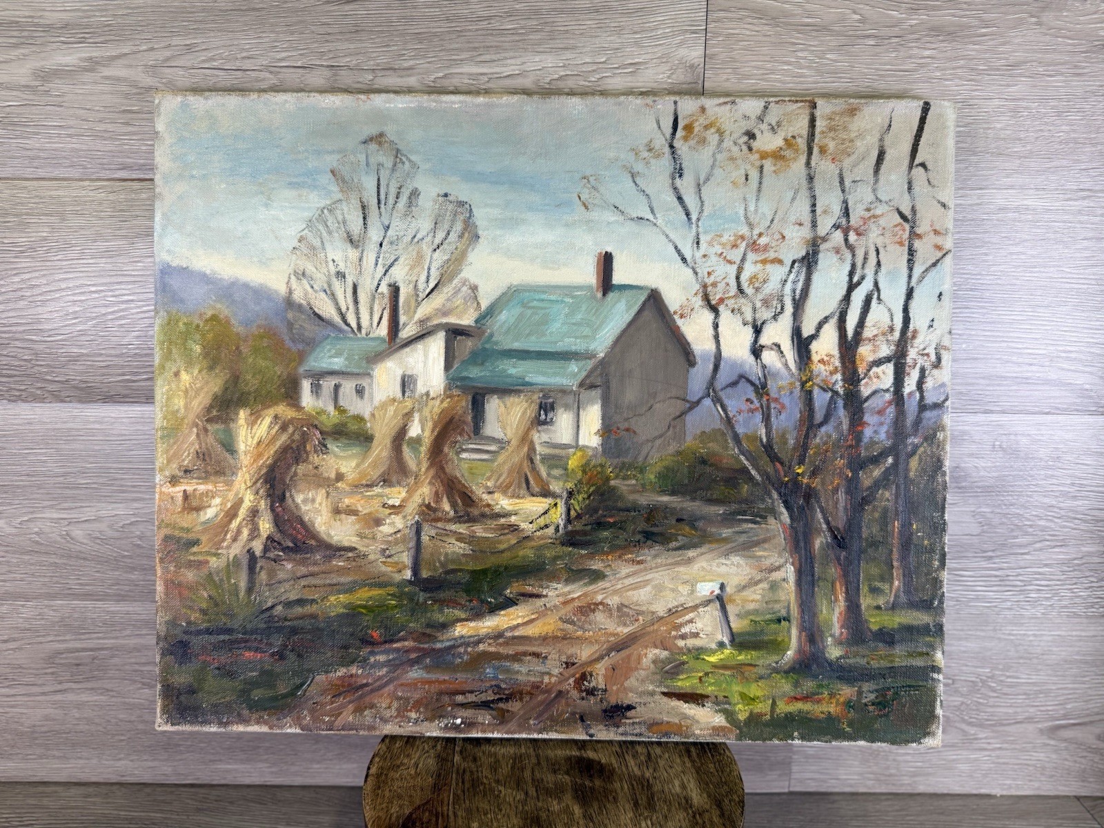 Vintage Colonial Harvest Homestead Landscape Farm Original 16×20