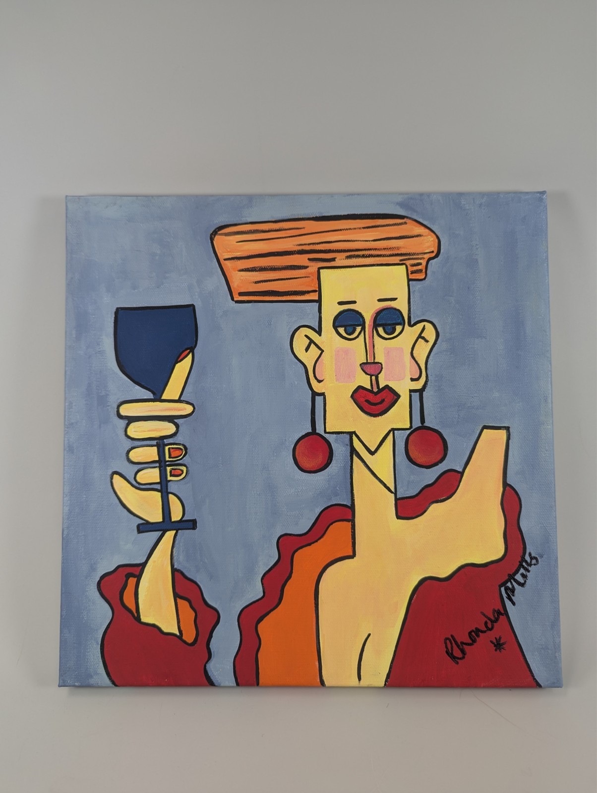 Red Lady with Wine Glass 12inx12inx0.5in Acrylic Painting