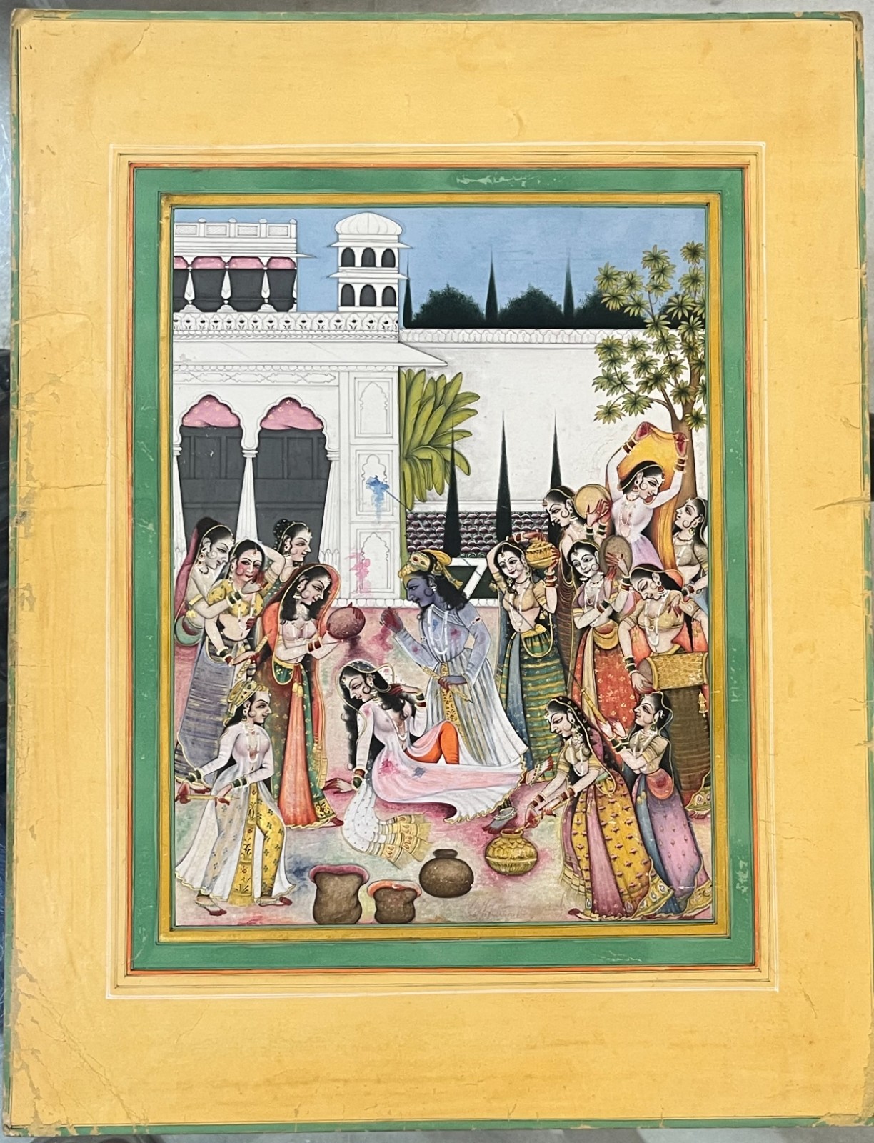 Religious Art Painting Of Radha Krishna Enjoying Holi Festival 13.5×17.5 Inches