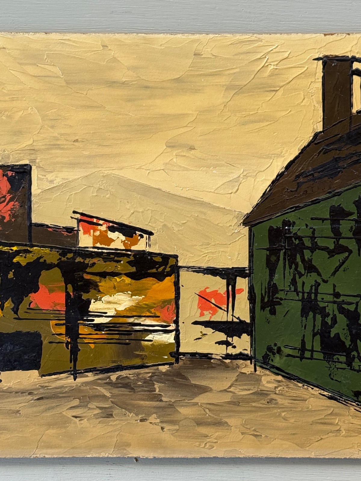 Vintage MCM Landscape Knife Palette Painting Buildings Green Orange Nebraska