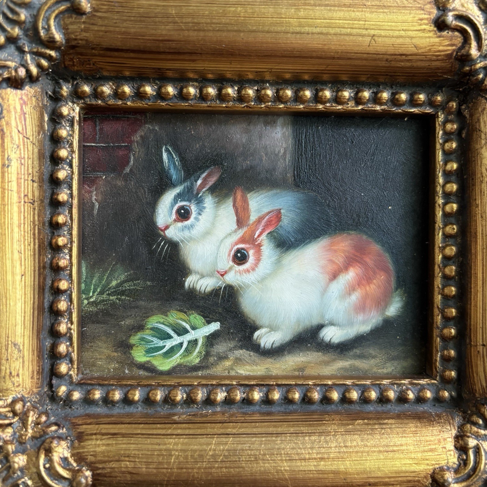 Vintage Bunny Rabbit Painting Gold Frame Ornate French Country Style Florentine